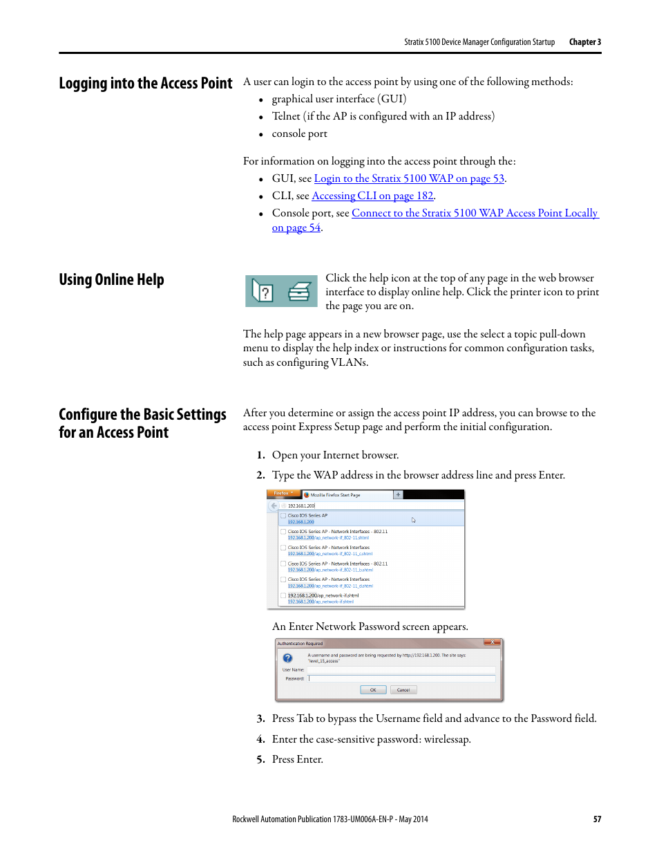 Logging into the access point, Using online help, Configure the basic settings for an access point | Rockwell Automation 1783-WAPxxx Stratix 5100 Wireless Access Point User Manual User Manual | Page 57 / 612