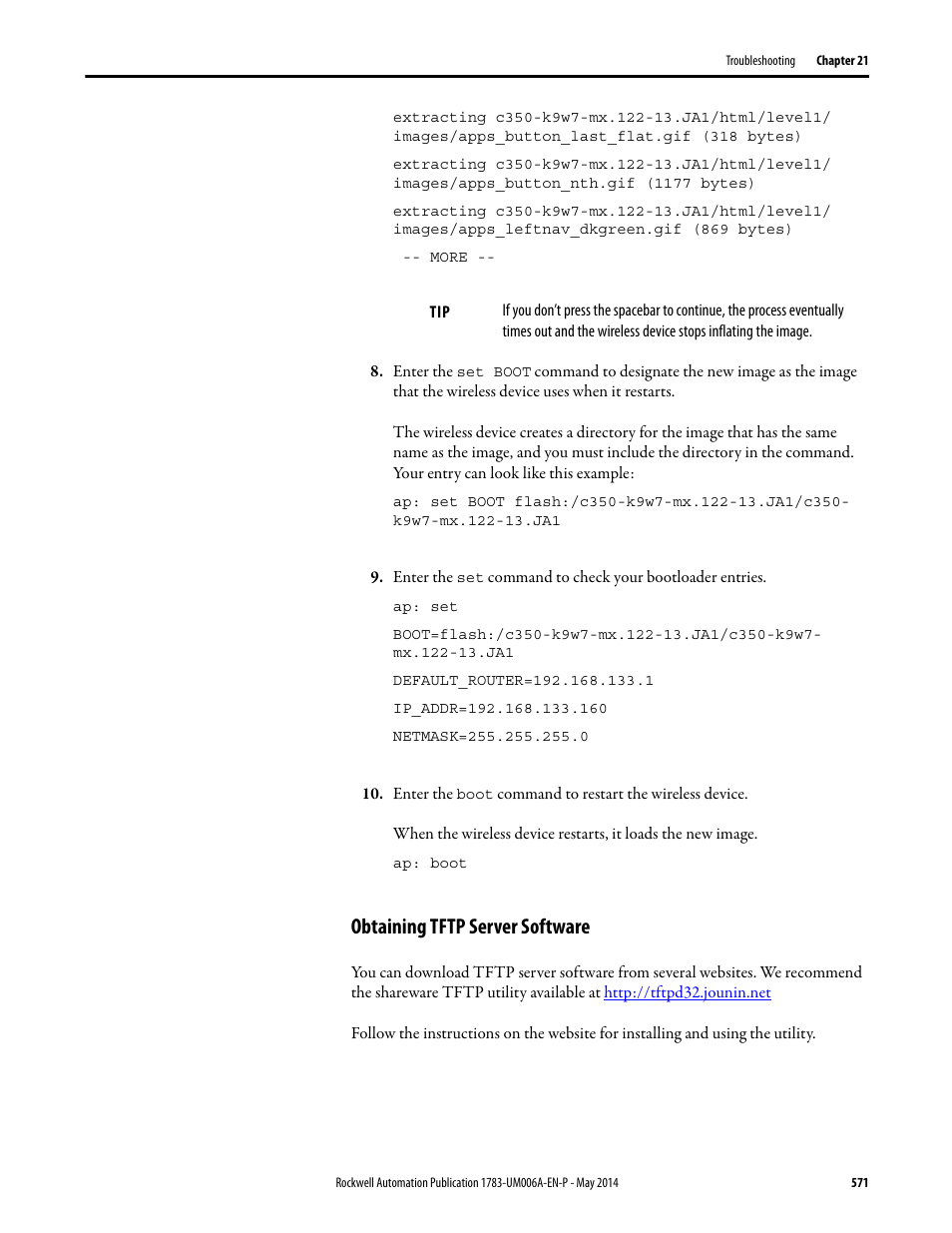 Obtaining tftp server software | Rockwell Automation 1783-WAPxxx Stratix 5100 Wireless Access Point User Manual User Manual | Page 571 / 612