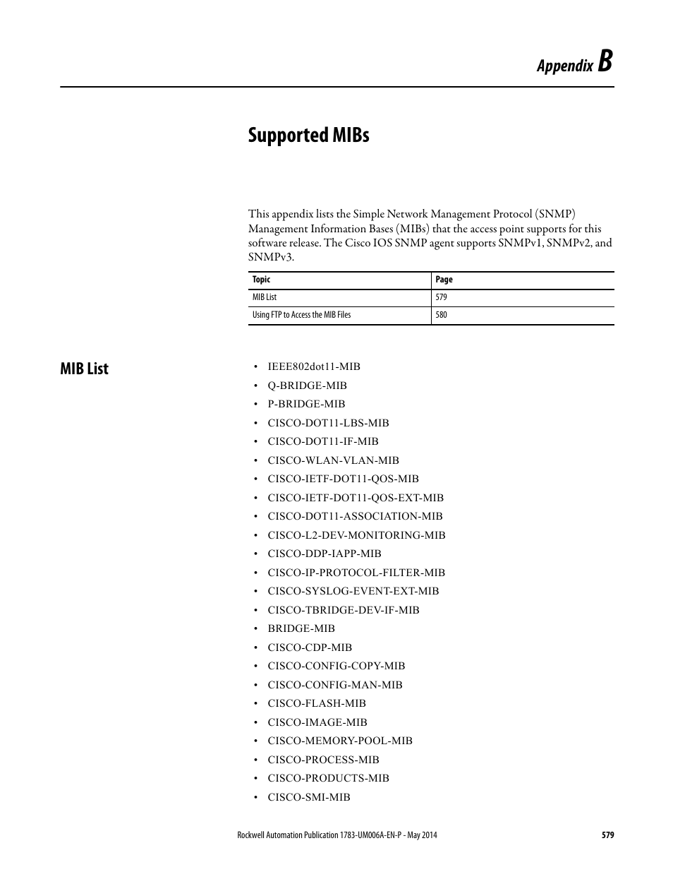 B - supported mibs, Mib list, Appendix b | Supported mibs, Appendix b supported mibs, Appendix | Rockwell Automation 1783-WAPxxx Stratix 5100 Wireless Access Point User Manual User Manual | Page 579 / 612