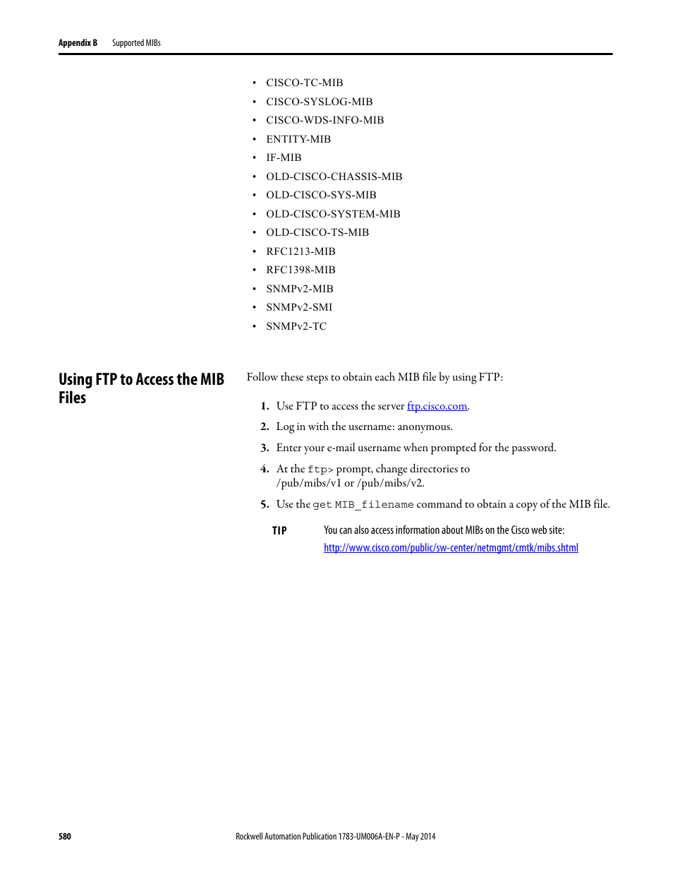 Using ftp to access the mib files | Rockwell Automation 1783-WAPxxx Stratix 5100 Wireless Access Point User Manual User Manual | Page 580 / 612