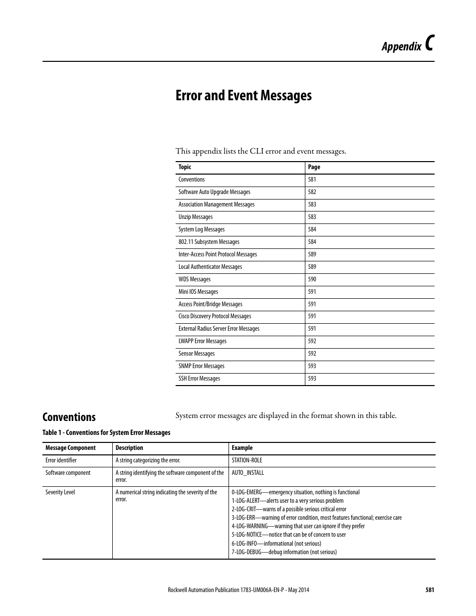 Error and event messages, Conventions, Appendix c | Appendix c error and event messages, Appendix | Rockwell Automation 1783-WAPxxx Stratix 5100 Wireless Access Point User Manual User Manual | Page 581 / 612