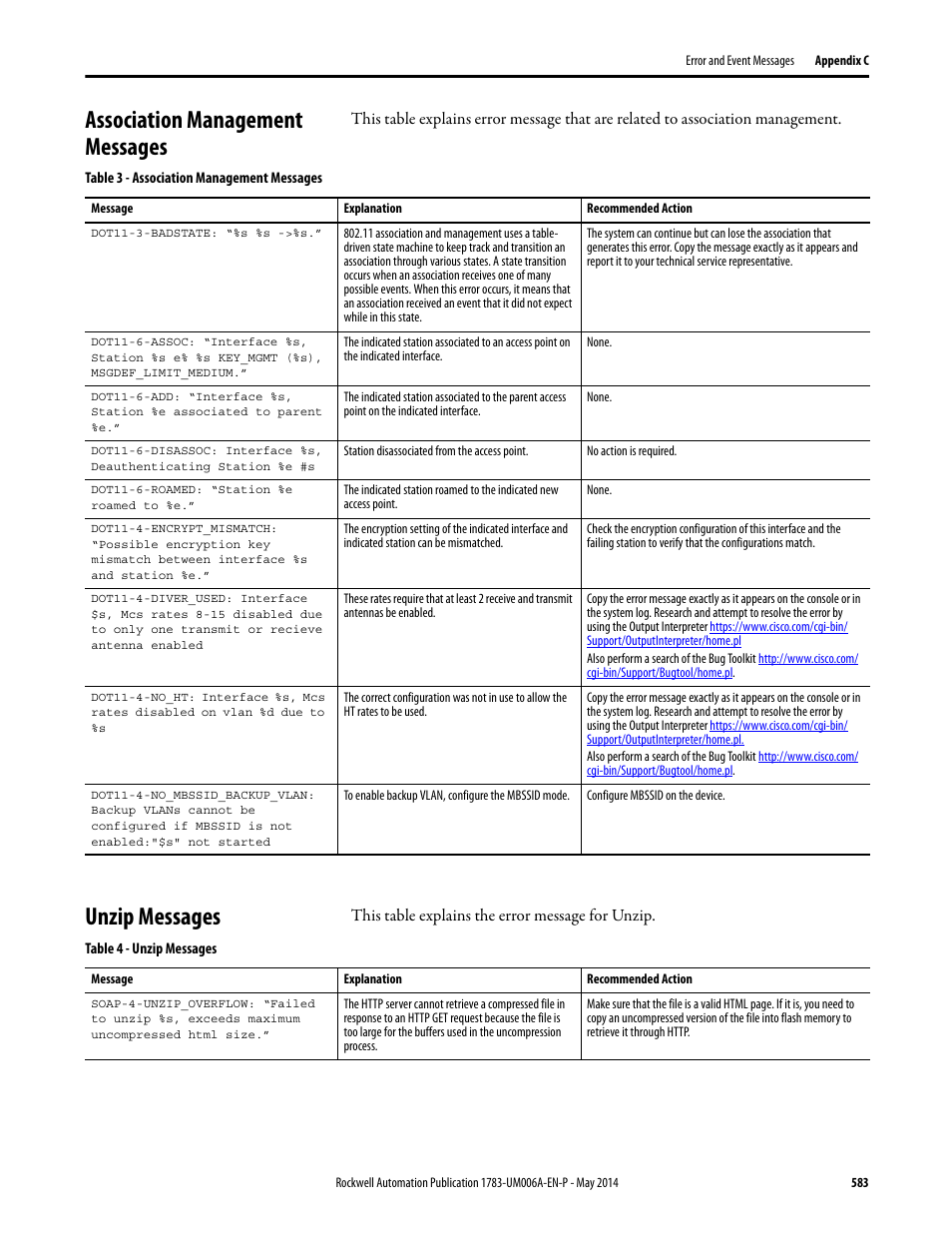 Association management messages, Unzip messages, Association management messages unzip messages | Rockwell Automation 1783-WAPxxx Stratix 5100 Wireless Access Point User Manual User Manual | Page 583 / 612