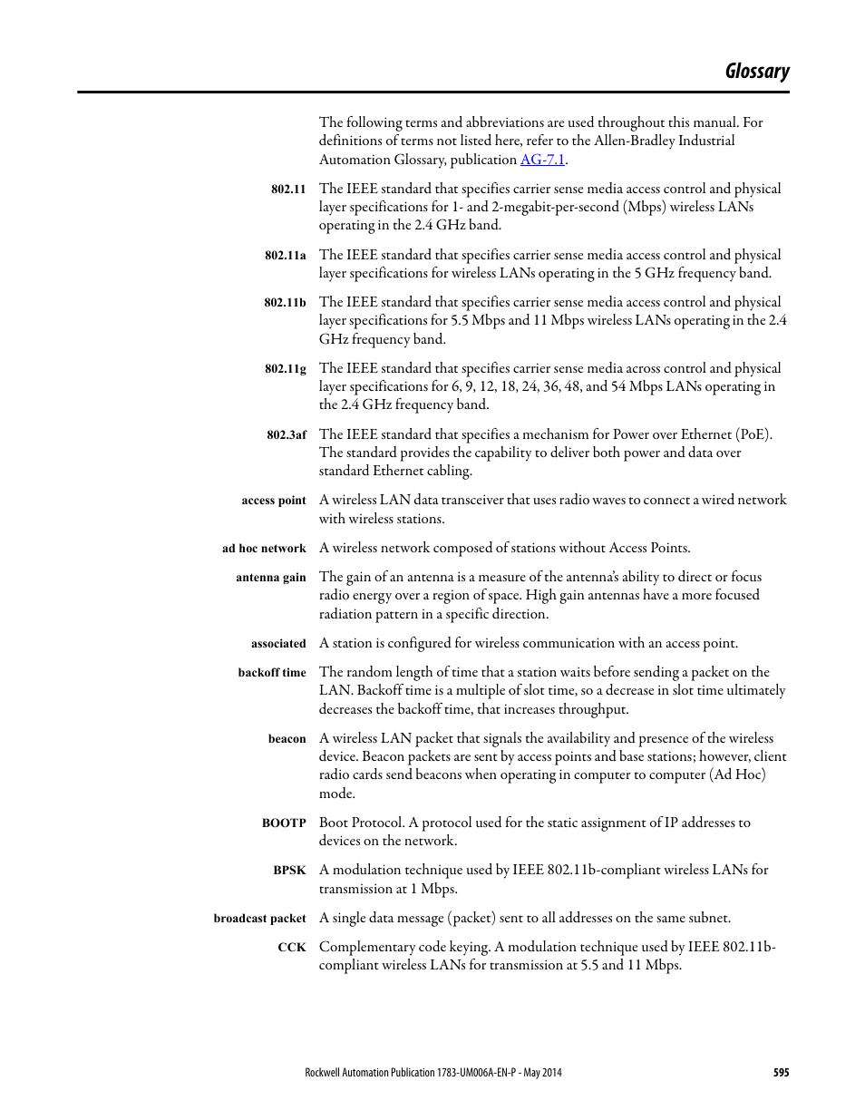 Glossary | Rockwell Automation 1783-WAPxxx Stratix 5100 Wireless Access Point User Manual User Manual | Page 595 / 612