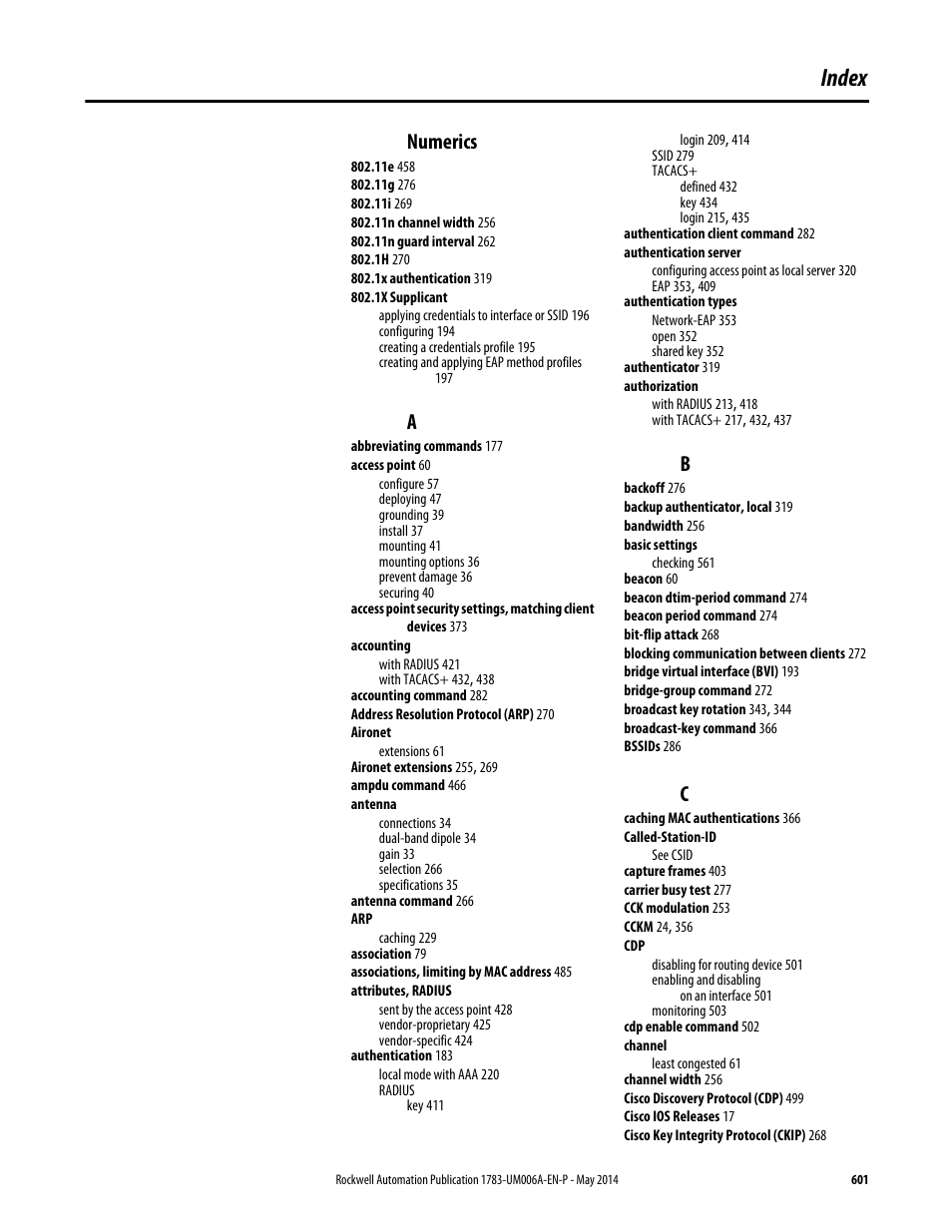 Index, Numerics | Rockwell Automation 1783-WAPxxx Stratix 5100 Wireless Access Point User Manual User Manual | Page 601 / 612