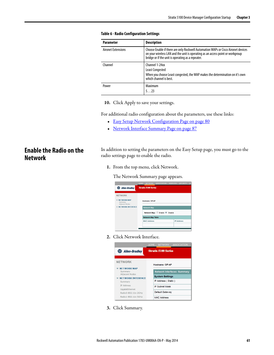 Enable the radio on the network | Rockwell Automation 1783-WAPxxx Stratix 5100 Wireless Access Point User Manual User Manual | Page 61 / 612