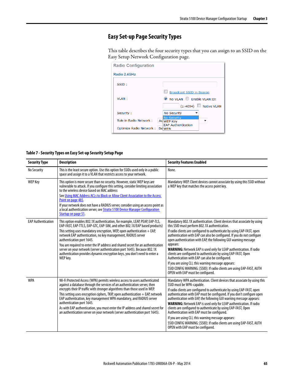 Easy set-up page security types | Rockwell Automation 1783-WAPxxx Stratix 5100 Wireless Access Point User Manual User Manual | Page 65 / 612