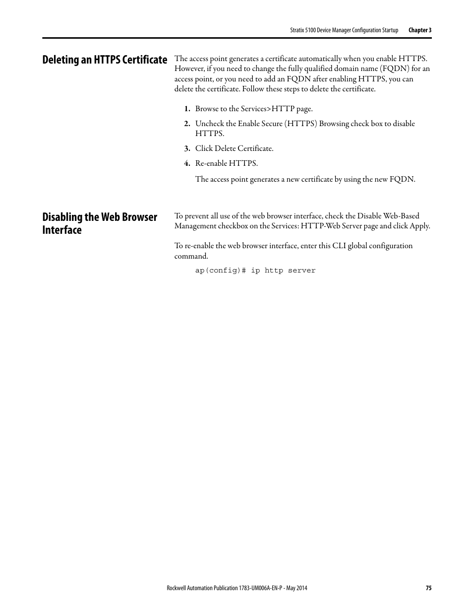 Deleting an https certificate, Disabling the web browser interface, Deleting an ht tps certificate | Rockwell Automation 1783-WAPxxx Stratix 5100 Wireless Access Point User Manual User Manual | Page 75 / 612