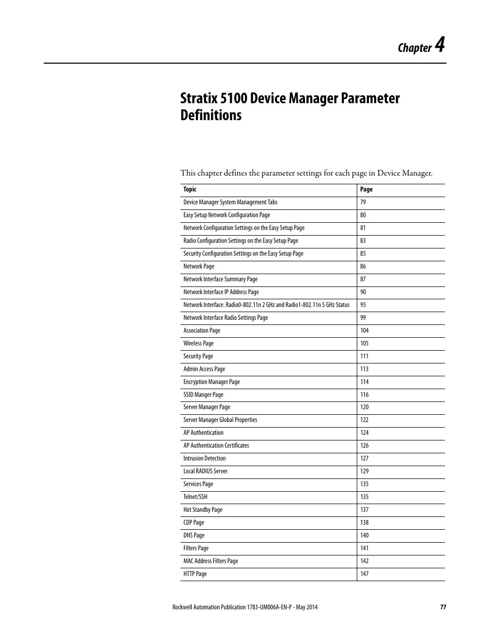 Chapter 4, Stratix 5100 device manager parameter definitions, Chapter | Rockwell Automation 1783-WAPxxx Stratix 5100 Wireless Access Point User Manual User Manual | Page 77 / 612