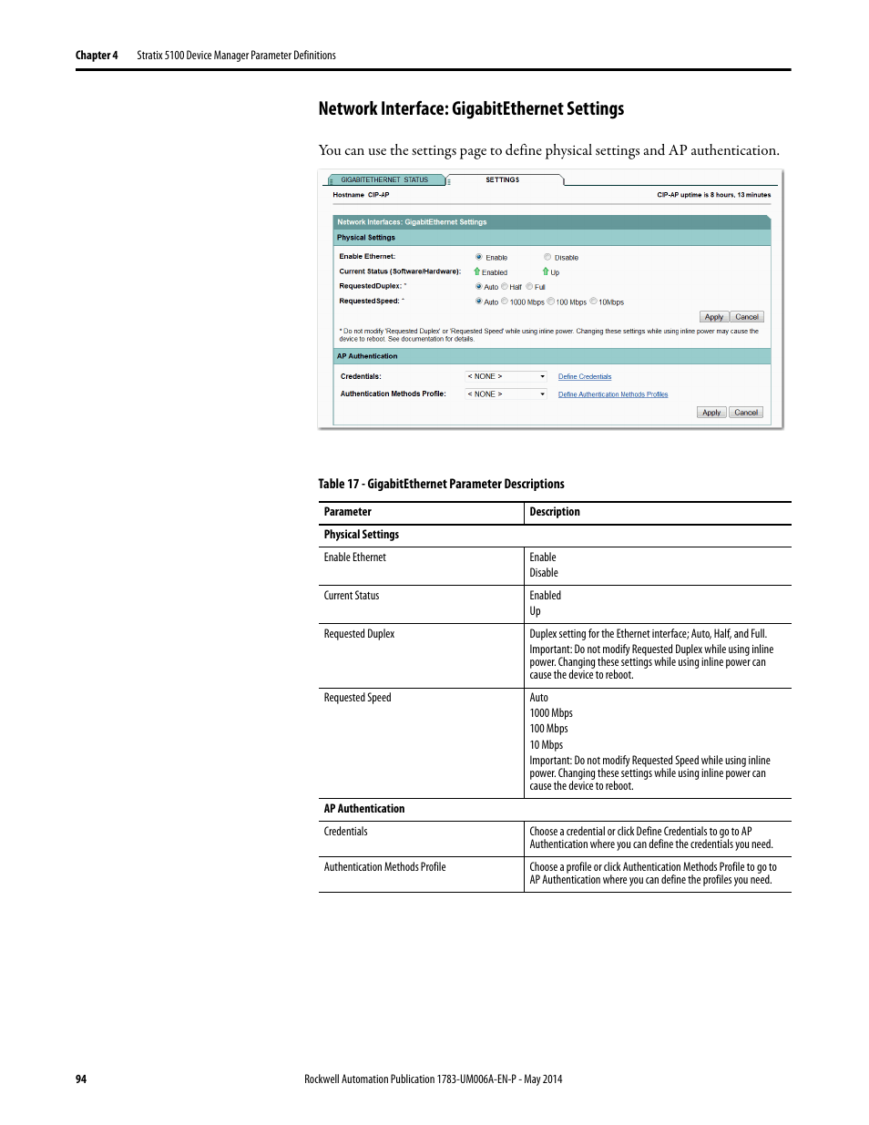 Network interface: gigabitethernet settings | Rockwell Automation 1783-WAPxxx Stratix 5100 Wireless Access Point User Manual User Manual | Page 94 / 612