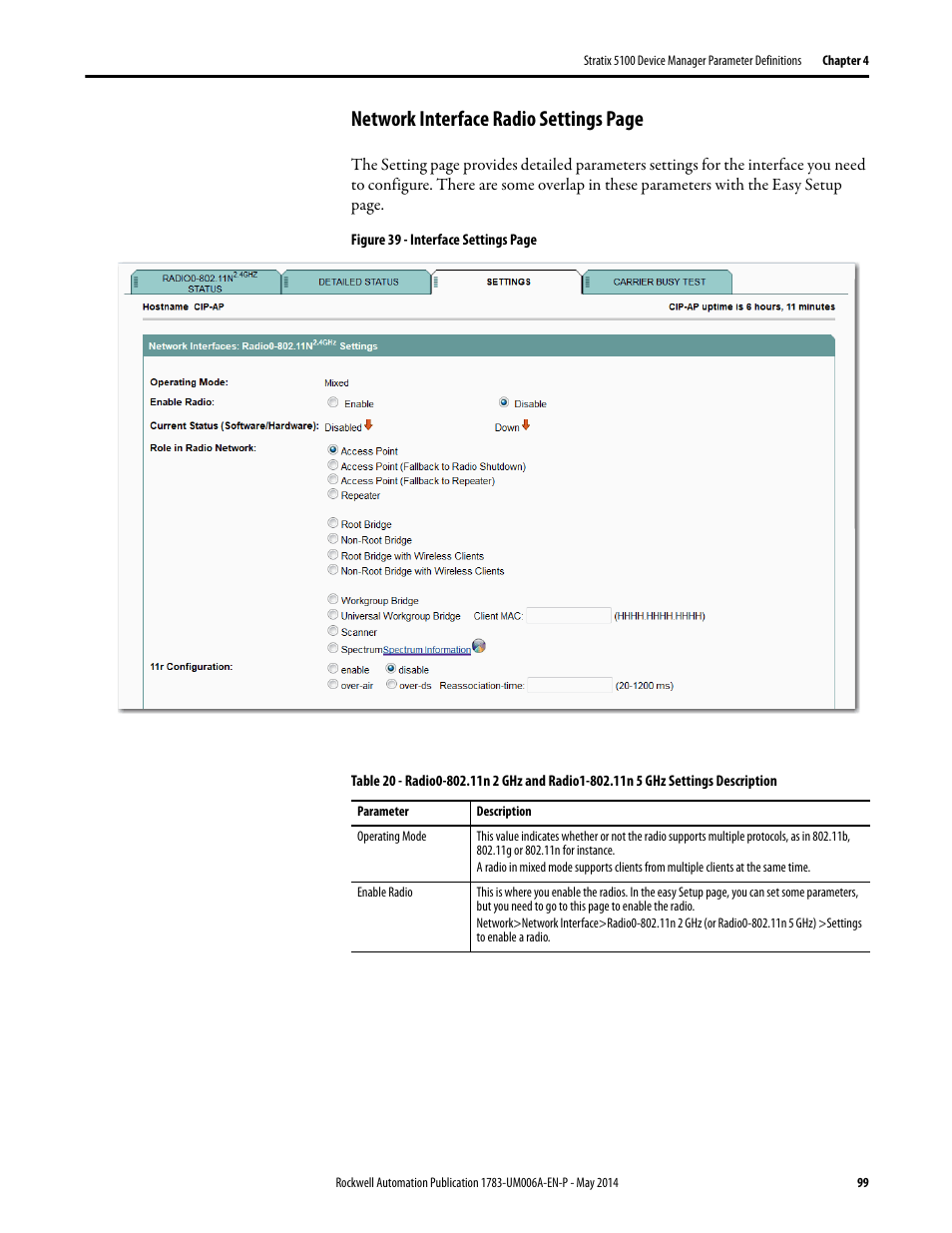 Network interface radio settings page | Rockwell Automation 1783-WAPxxx Stratix 5100 Wireless Access Point User Manual User Manual | Page 99 / 612