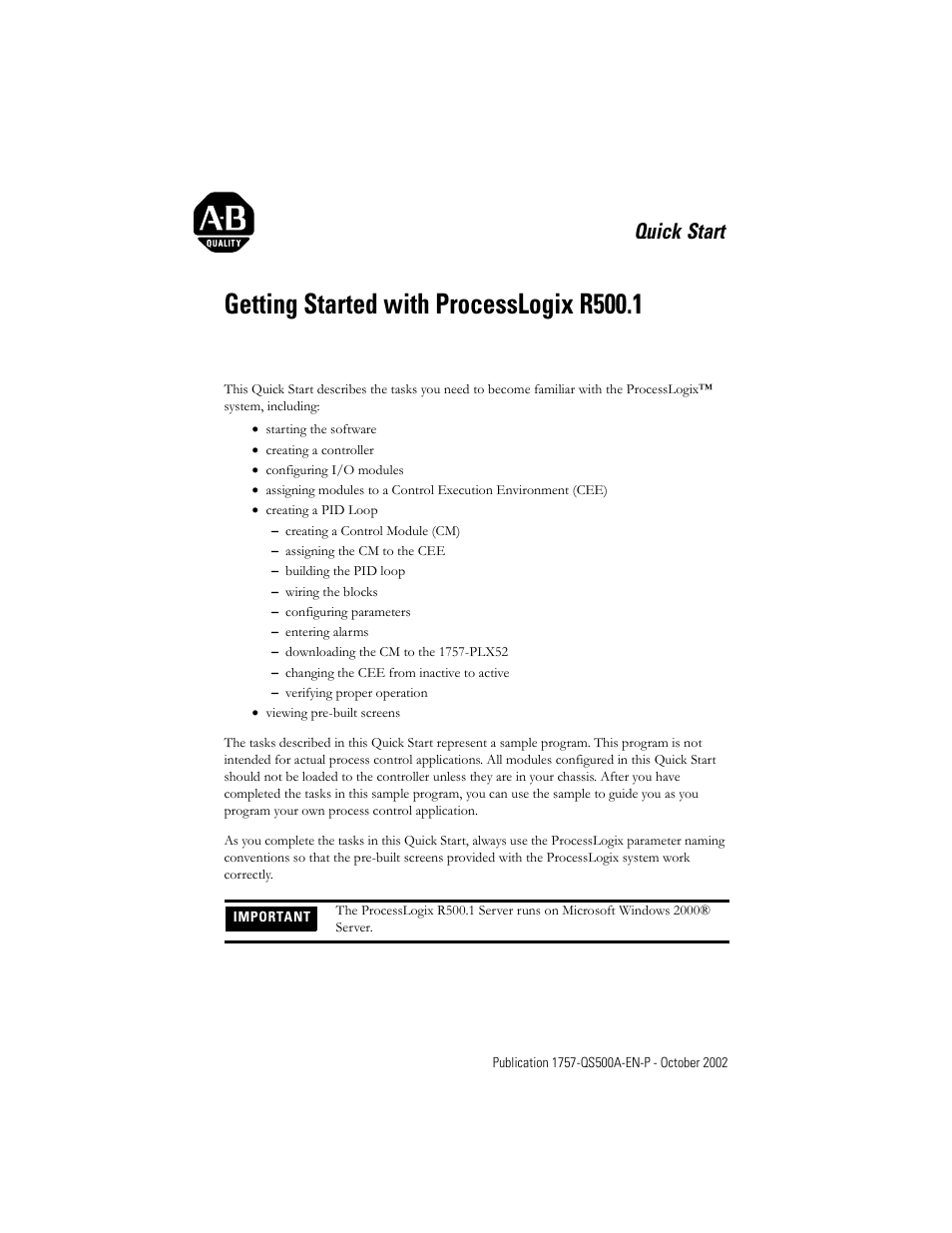Rockwell Automation 1757-SWKIT5000 Getting Started with ProcessLogix R500.1 Quick Start User Manual | 24 pages