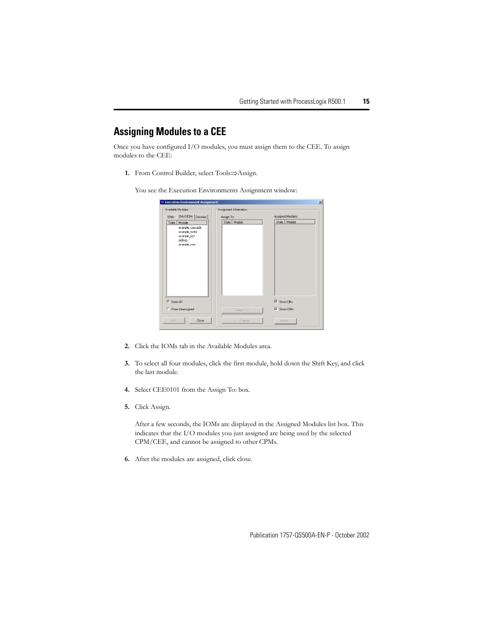 Assigning modules to a cee | Rockwell Automation 1757-SWKIT5000 Getting Started with ProcessLogix R500.1 Quick Start User Manual | Page 15 / 24