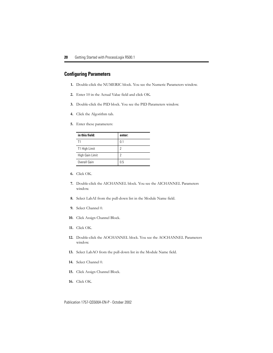 Configuring parameters | Rockwell Automation 1757-SWKIT5000 Getting Started with ProcessLogix R500.1 Quick Start User Manual | Page 20 / 24