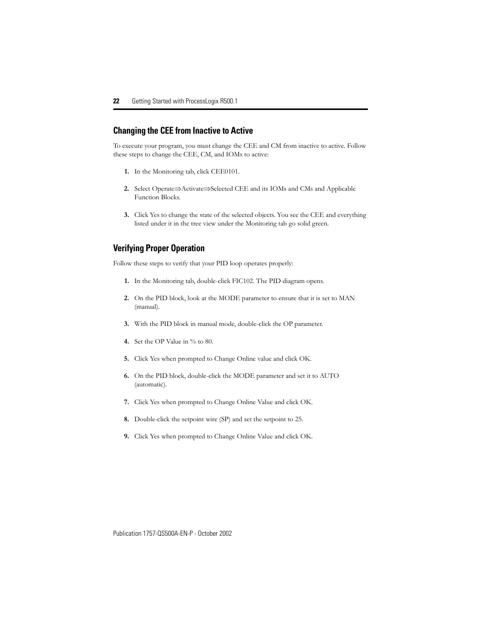Changing the cee from inactive to active, Verifying proper operation | Rockwell Automation 1757-SWKIT5000 Getting Started with ProcessLogix R500.1 Quick Start User Manual | Page 22 / 24
