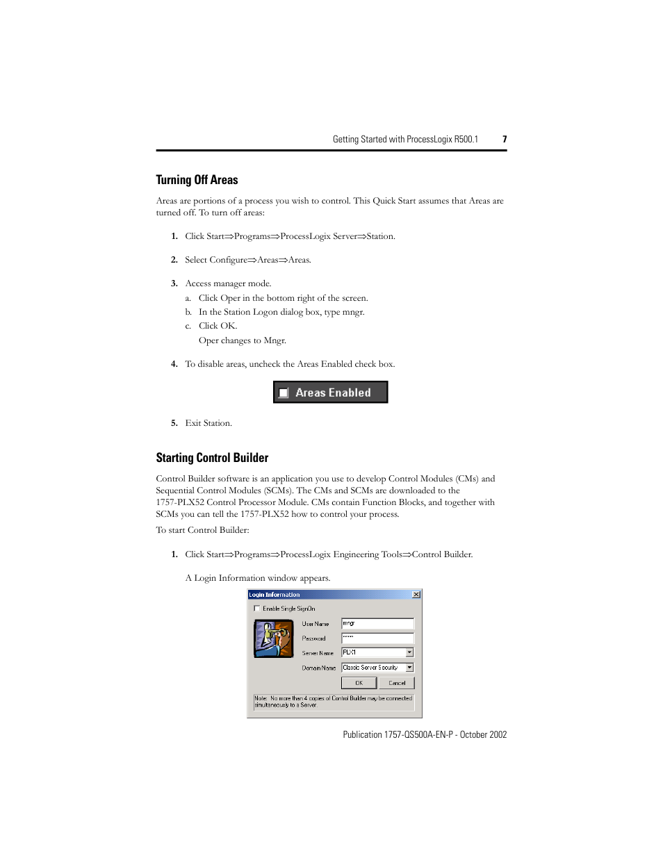 Turning off areas, Starting control builder | Rockwell Automation 1757-SWKIT5000 Getting Started with ProcessLogix R500.1 Quick Start User Manual | Page 7 / 24