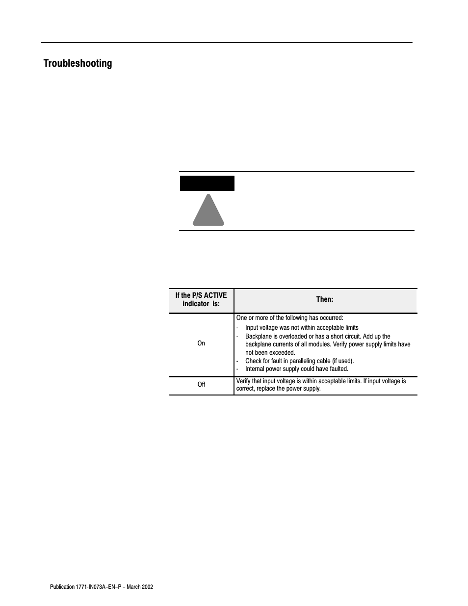 Troubleshooting | Rockwell Automation 1771-P3_P4_P5_P5E Power Supply Modules Installation Instructions User Manual | Page 14 / 20