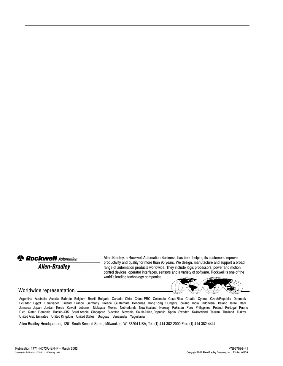 Worldwide representation | Rockwell Automation 1771-P3_P4_P5_P5E Power Supply Modules Installation Instructions User Manual | Page 20 / 20