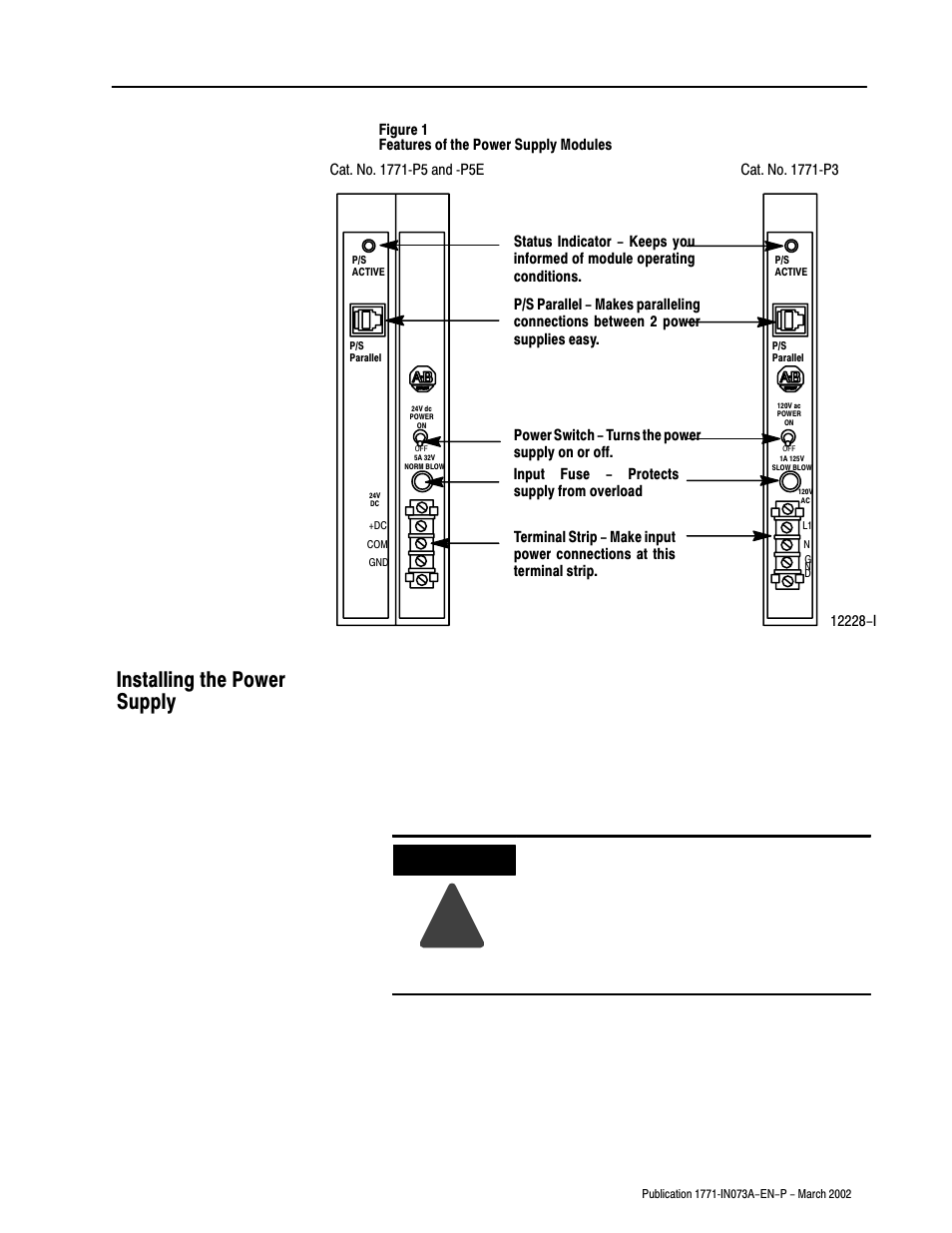 Installing the power supply | Rockwell Automation 1771-P3_P4_P5_P5E Power Supply Modules Installation Instructions User Manual | Page 9 / 20