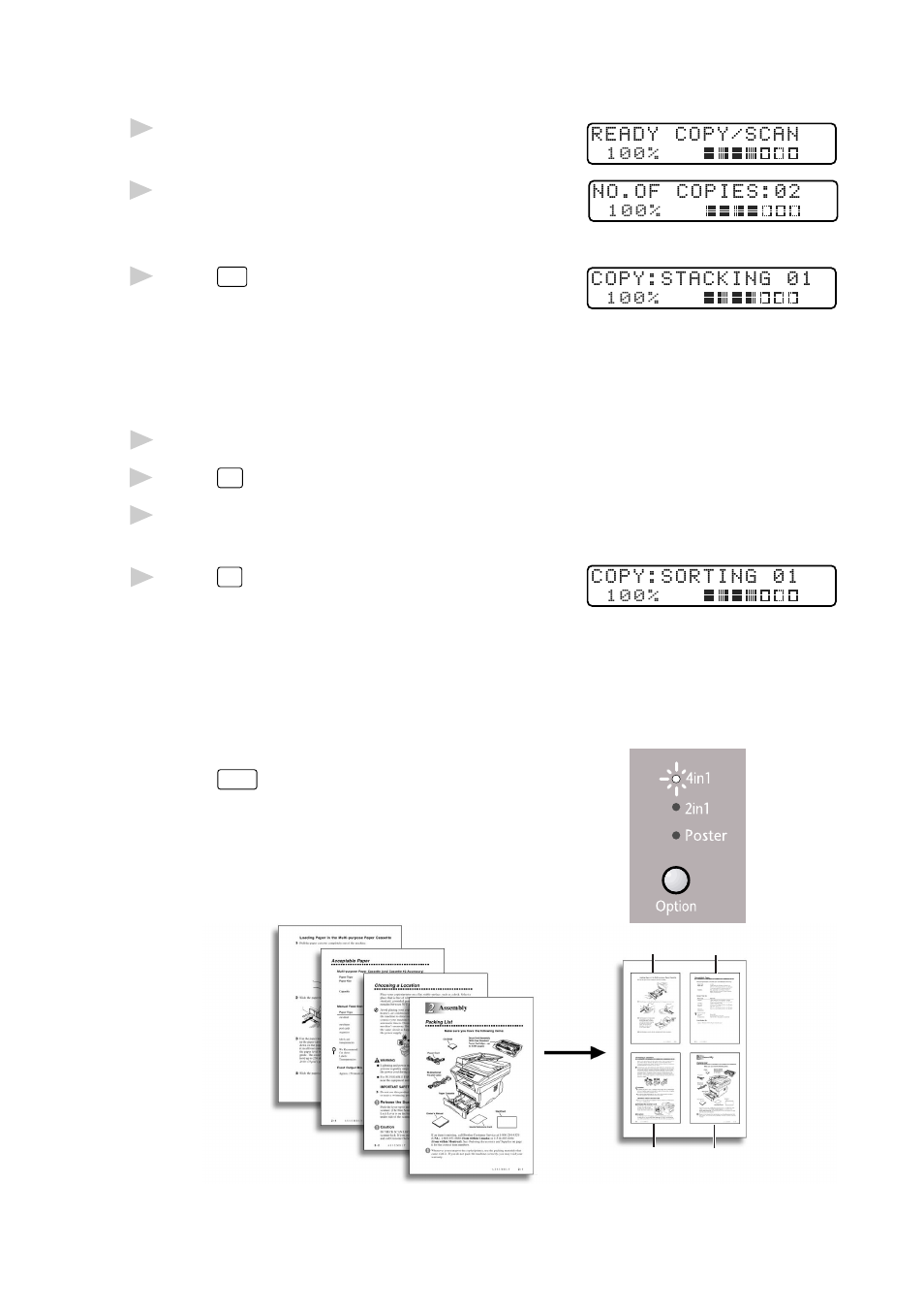 Stacking multiple copies, Using the adf to sort multiple copies, Special copy options | Brother DCP1200 User Manual | Page 39 / 143