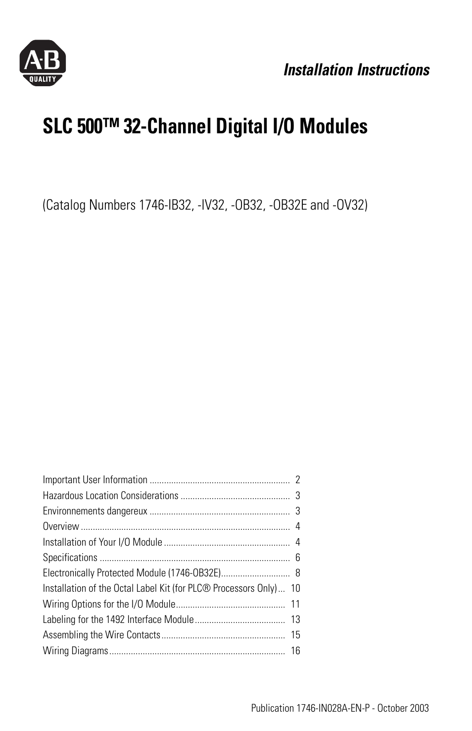 Rockwell Automation 1746-XXXX SLC 500 32-Channel Digital I/O Modules Installation Instructions User Manual | 20 pages