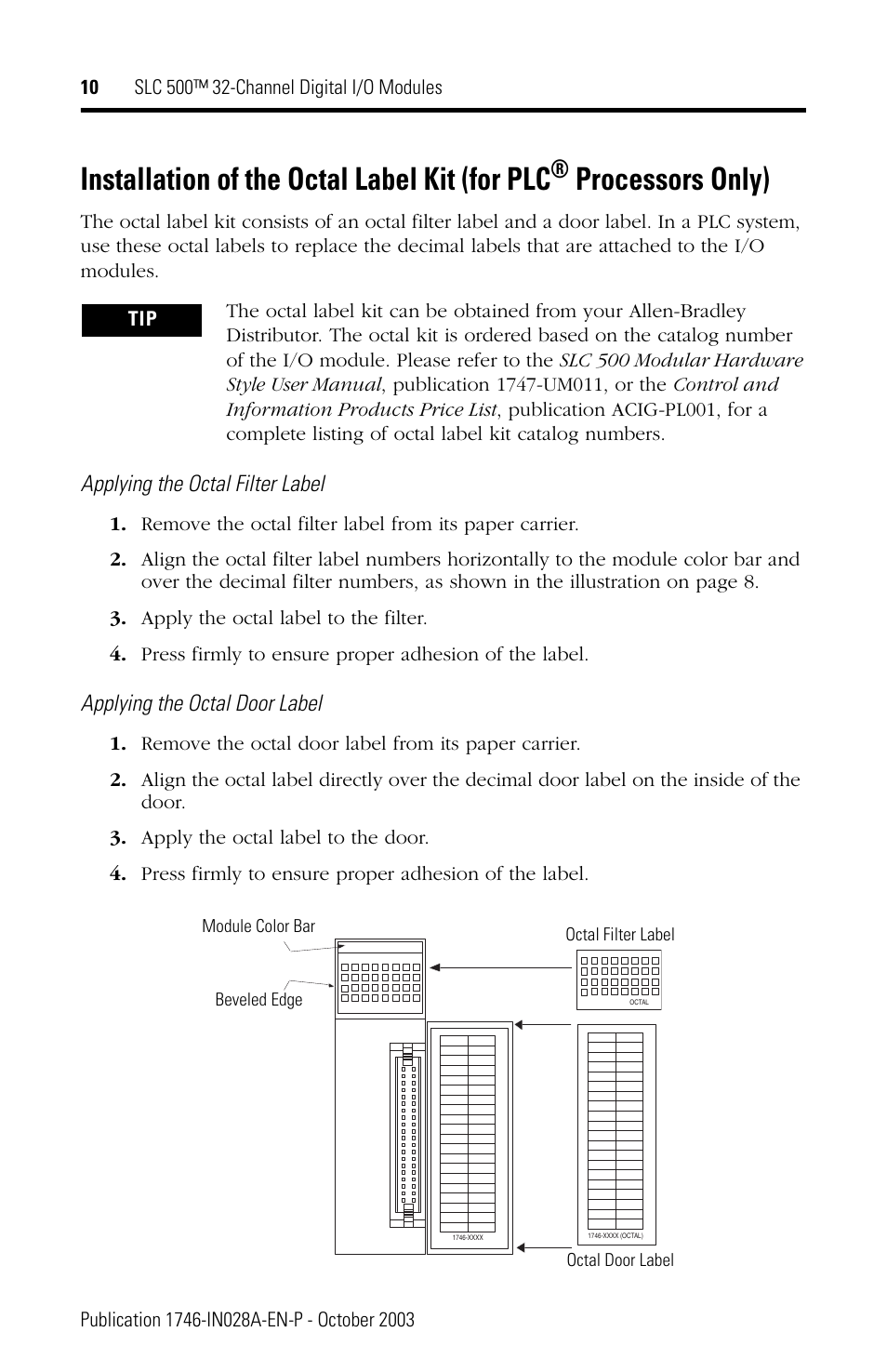 Installation of the octal label kit (for plc, Processors only) | Rockwell Automation 1746-XXXX SLC 500 32-Channel Digital I/O Modules Installation Instructions User Manual | Page 10 / 20