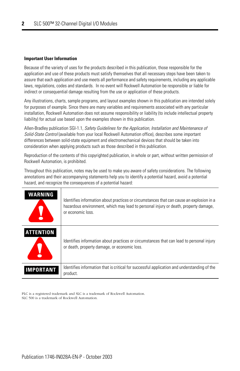 Important user information | Rockwell Automation 1746-XXXX SLC 500 32-Channel Digital I/O Modules Installation Instructions User Manual | Page 2 / 20