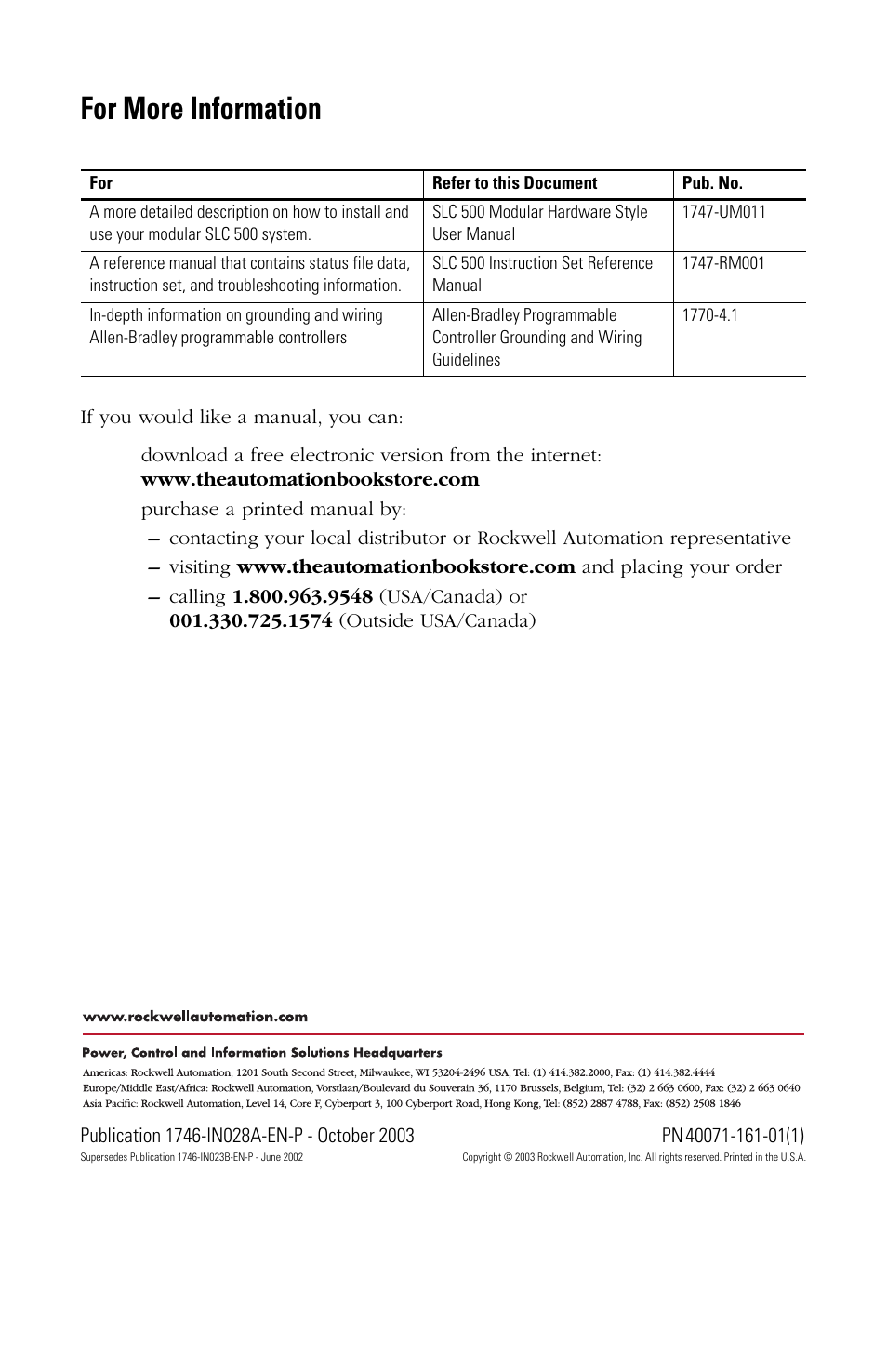 For more information, Back cover | Rockwell Automation 1746-XXXX SLC 500 32-Channel Digital I/O Modules Installation Instructions User Manual | Page 20 / 20