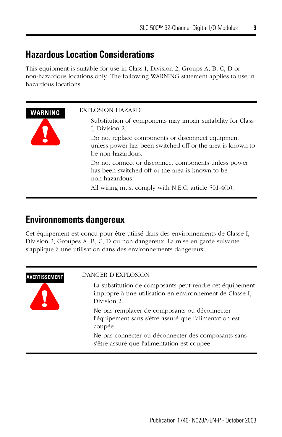 Hazardous location considerations, Environnements dangereux | Rockwell Automation 1746-XXXX SLC 500 32-Channel Digital I/O Modules Installation Instructions User Manual | Page 3 / 20