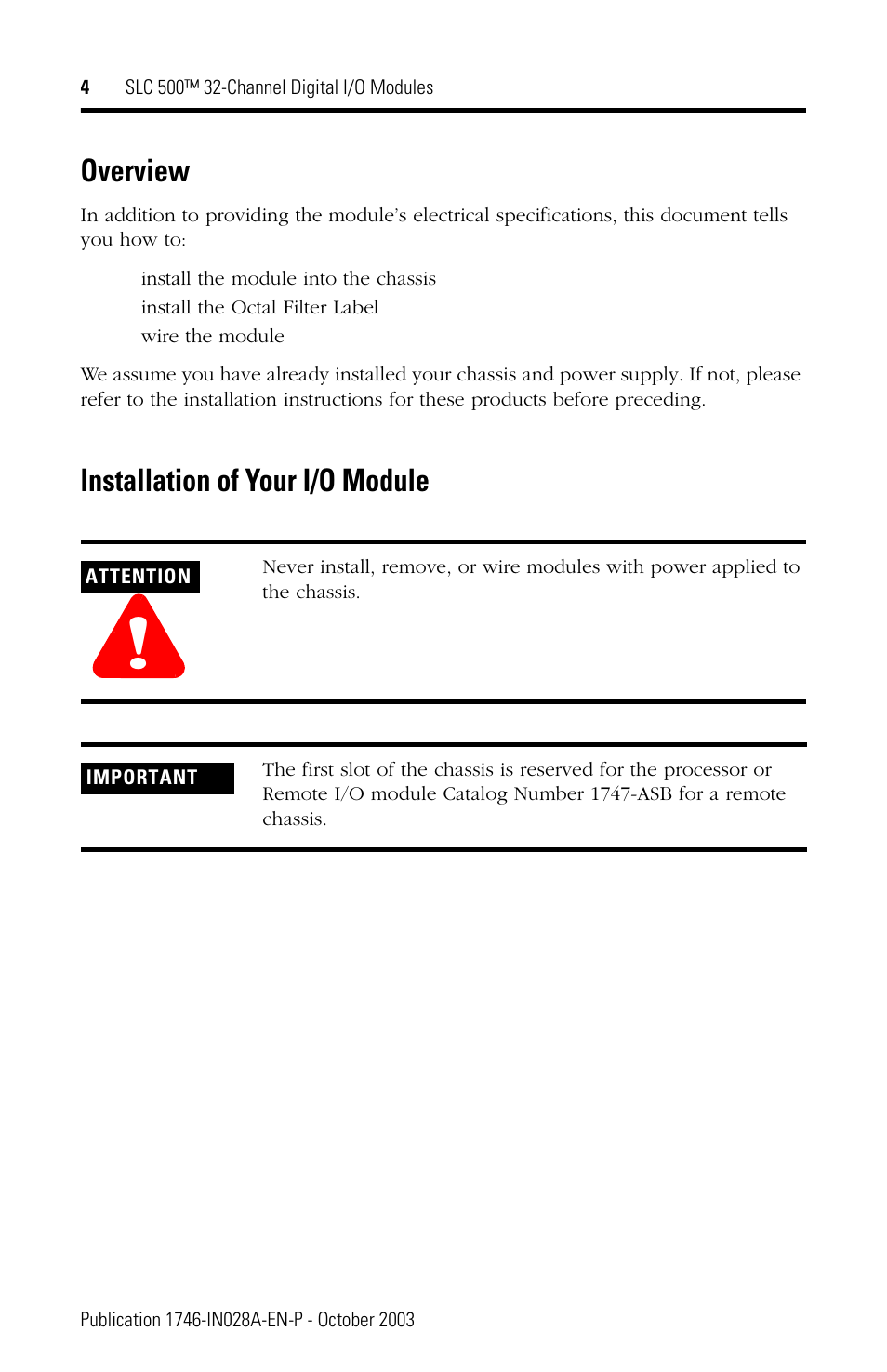 Overview, Installation of your i/o module | Rockwell Automation 1746-XXXX SLC 500 32-Channel Digital I/O Modules Installation Instructions User Manual | Page 4 / 20