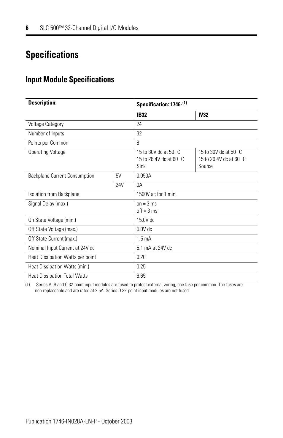 Specifications, Input module specifications | Rockwell Automation 1746-XXXX SLC 500 32-Channel Digital I/O Modules Installation Instructions User Manual | Page 6 / 20