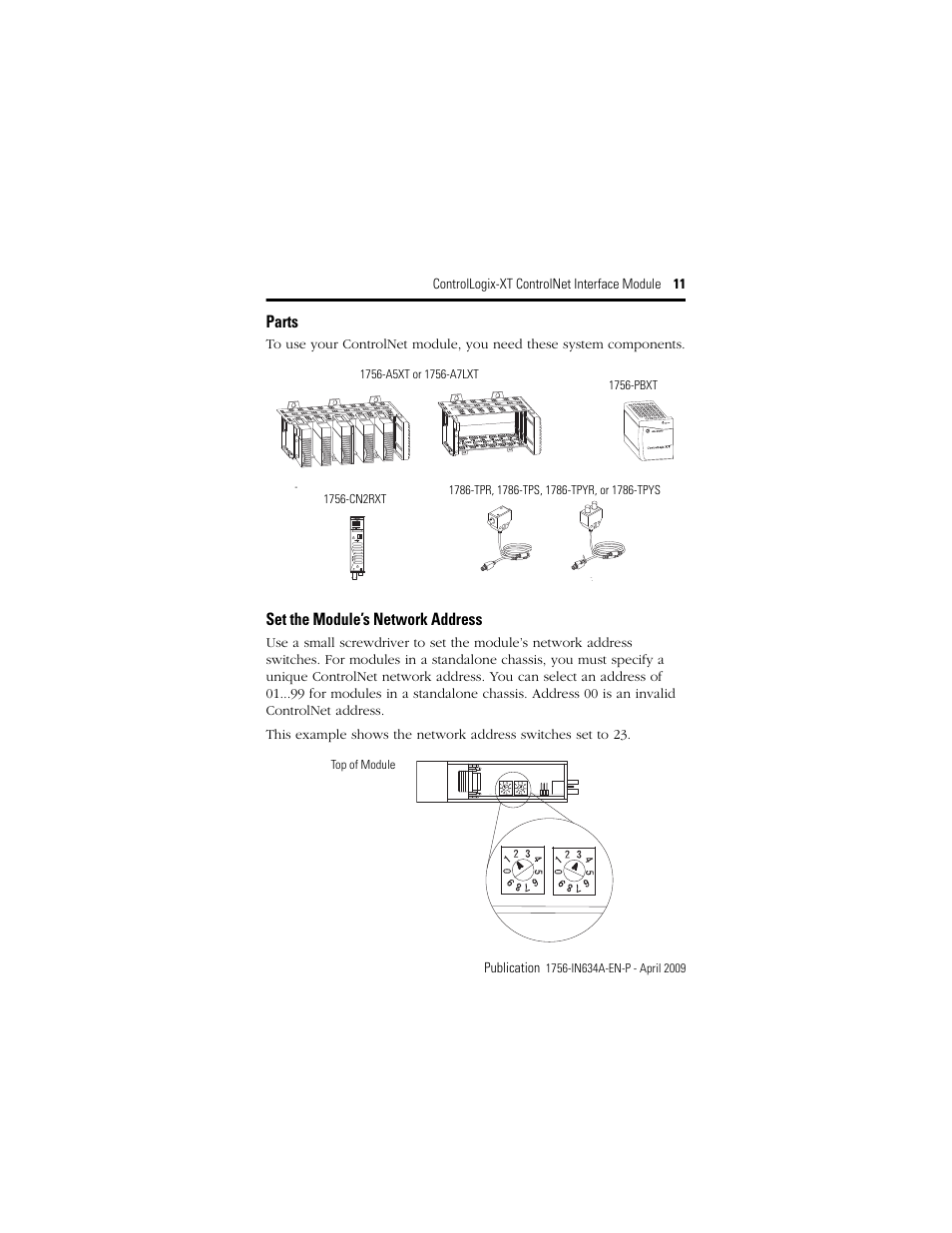 Parts, Set the module’s network address | Rockwell Automation 1756-CN2RXT ControlLogix-XT ControlNet Interface Module, Series B Installation Instructions User Manual | Page 11 / 36
