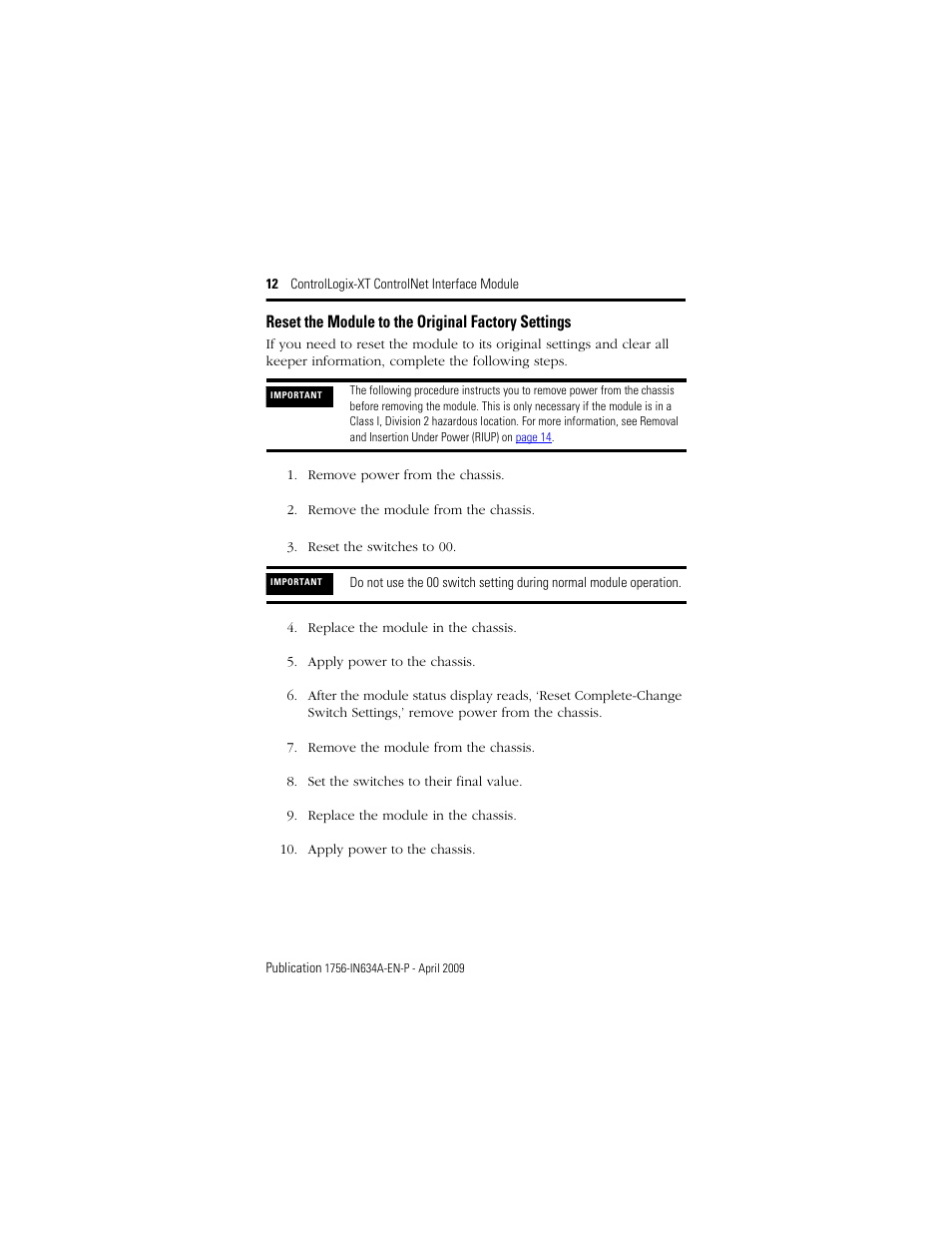 Reset the module to the original factory settings | Rockwell Automation 1756-CN2RXT ControlLogix-XT ControlNet Interface Module, Series B Installation Instructions User Manual | Page 12 / 36