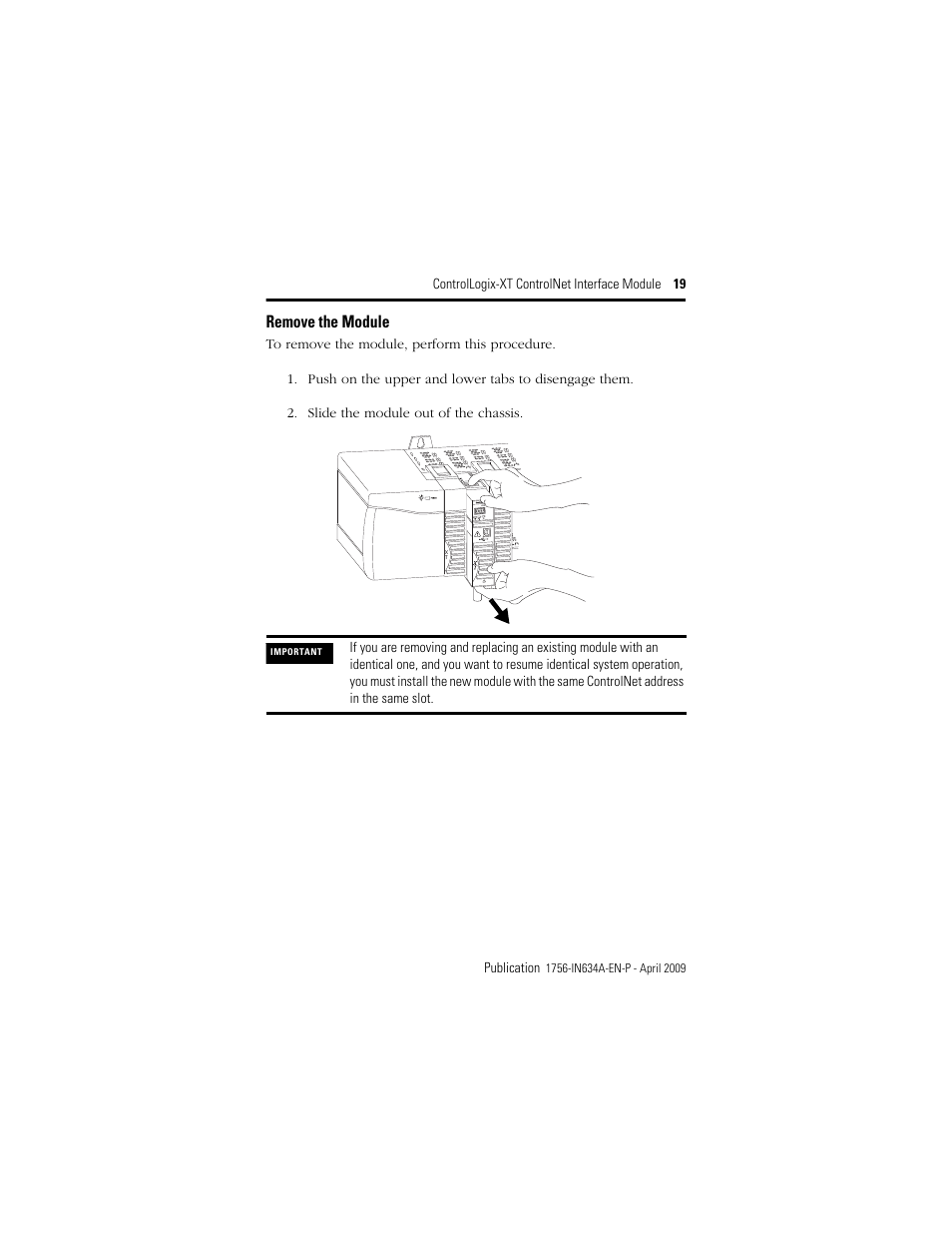 Remove the module | Rockwell Automation 1756-CN2RXT ControlLogix-XT ControlNet Interface Module, Series B Installation Instructions User Manual | Page 19 / 36