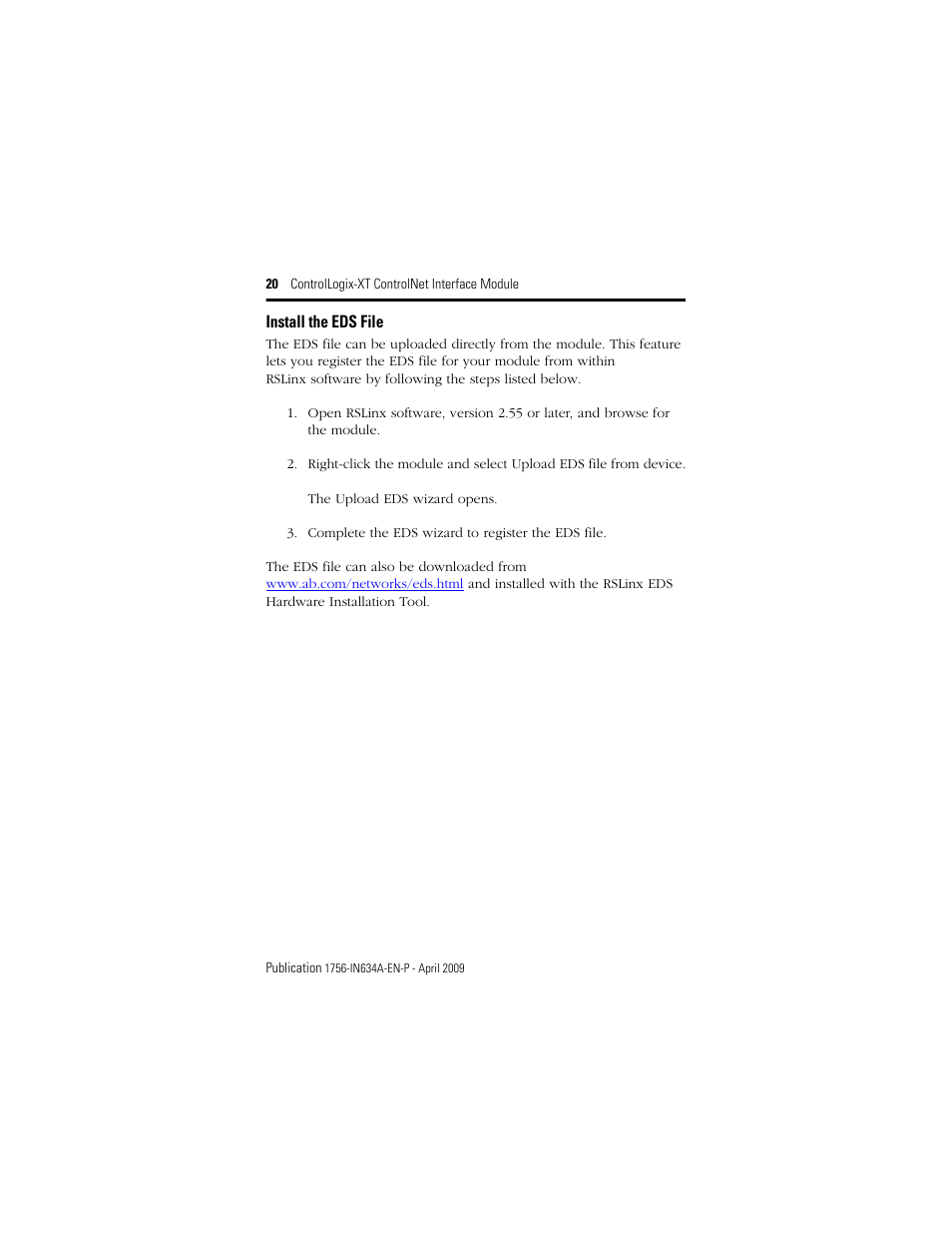 Install the eds file | Rockwell Automation 1756-CN2RXT ControlLogix-XT ControlNet Interface Module, Series B Installation Instructions User Manual | Page 20 / 36