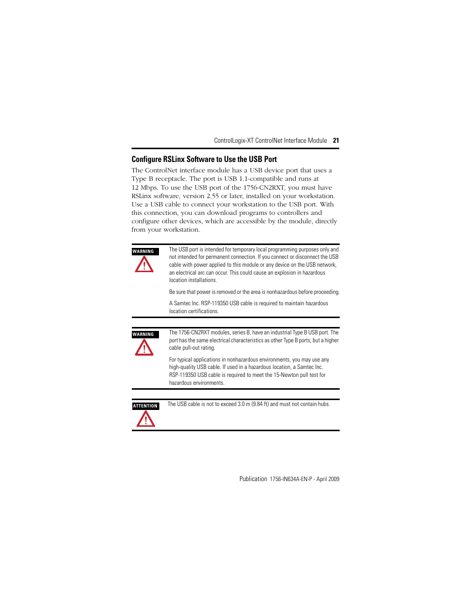 Configure rslinx software to use the usb port | Rockwell Automation 1756-CN2RXT ControlLogix-XT ControlNet Interface Module, Series B Installation Instructions User Manual | Page 21 / 36