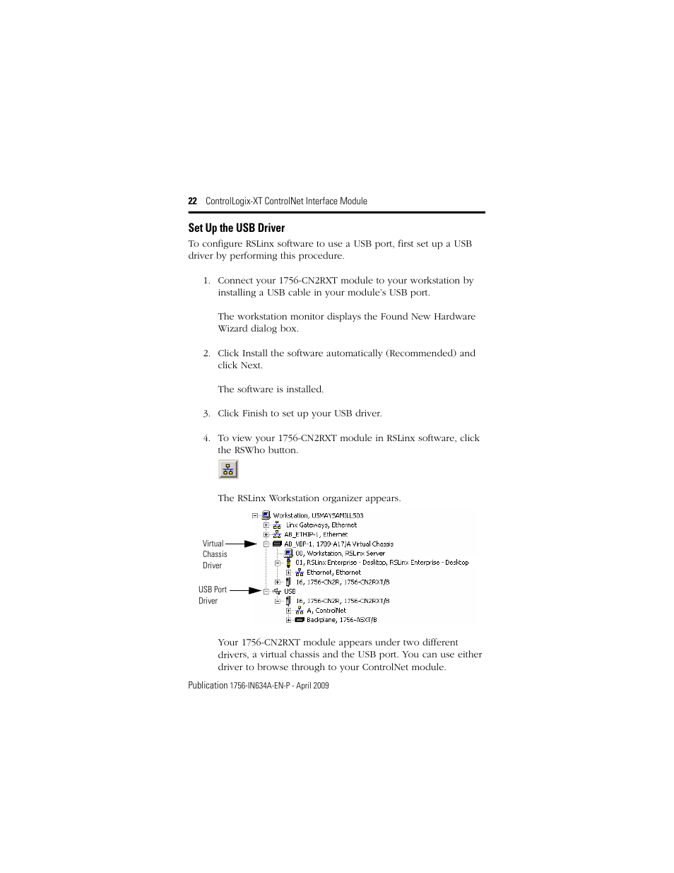 Set up the usb driver | Rockwell Automation 1756-CN2RXT ControlLogix-XT ControlNet Interface Module, Series B Installation Instructions User Manual | Page 22 / 36