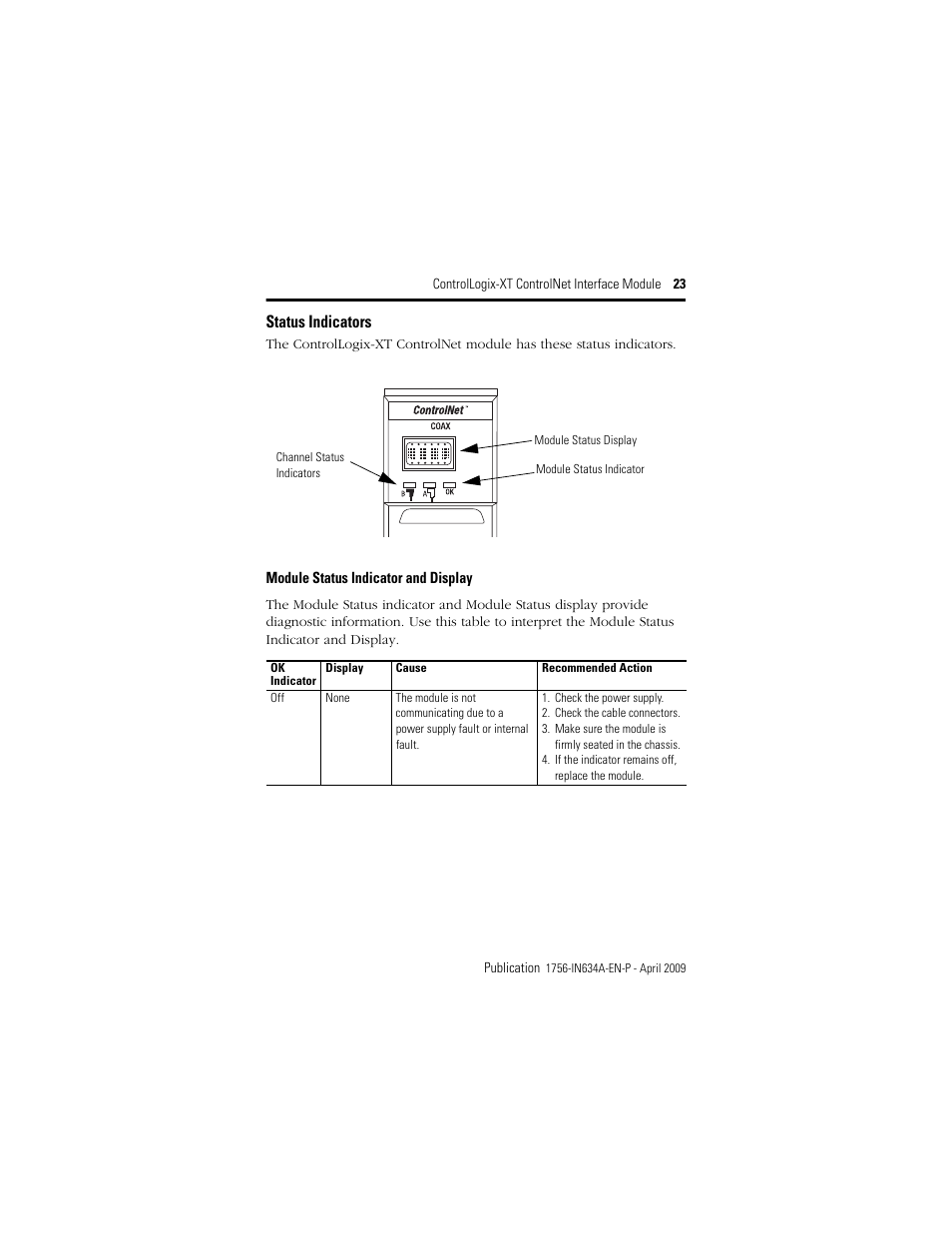 Status indicators, Module status indicator and display, See status indicators | Rockwell Automation 1756-CN2RXT ControlLogix-XT ControlNet Interface Module, Series B Installation Instructions User Manual | Page 23 / 36