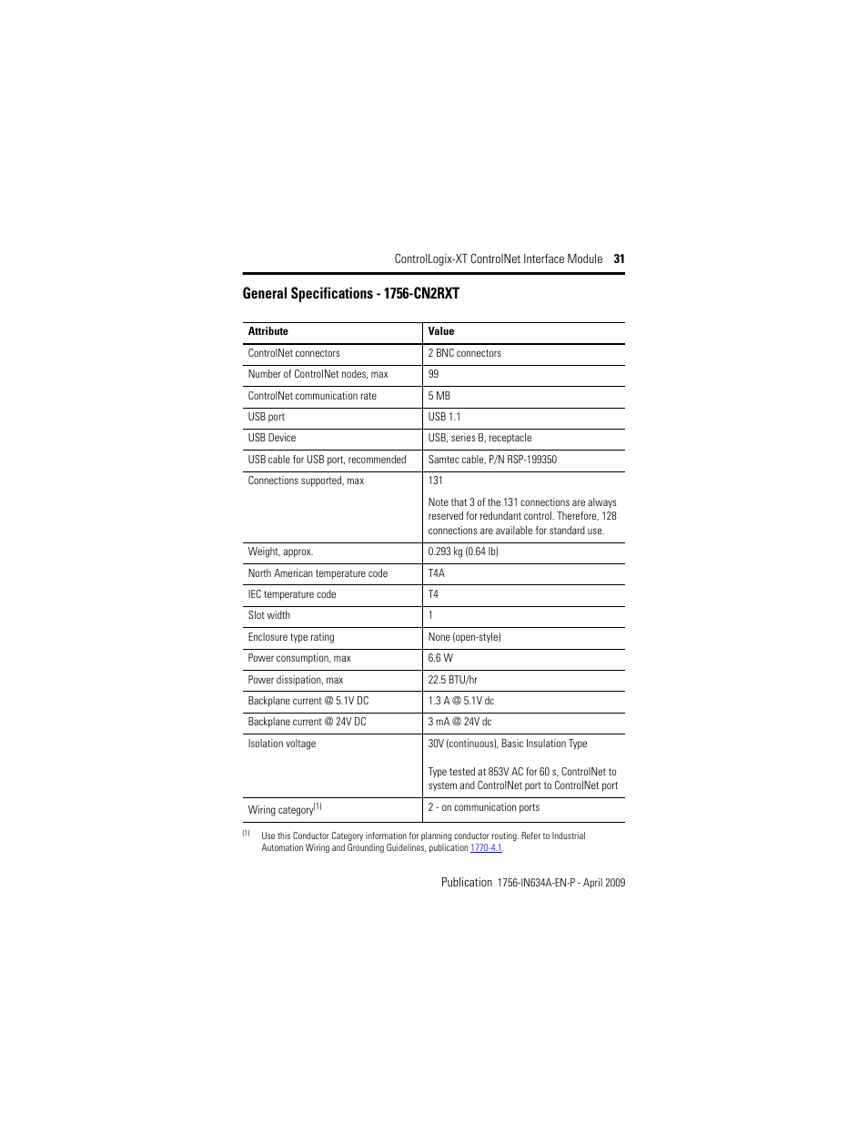 General specifications - 1756-cn2rxt | Rockwell Automation 1756-CN2RXT ControlLogix-XT ControlNet Interface Module, Series B Installation Instructions User Manual | Page 31 / 36