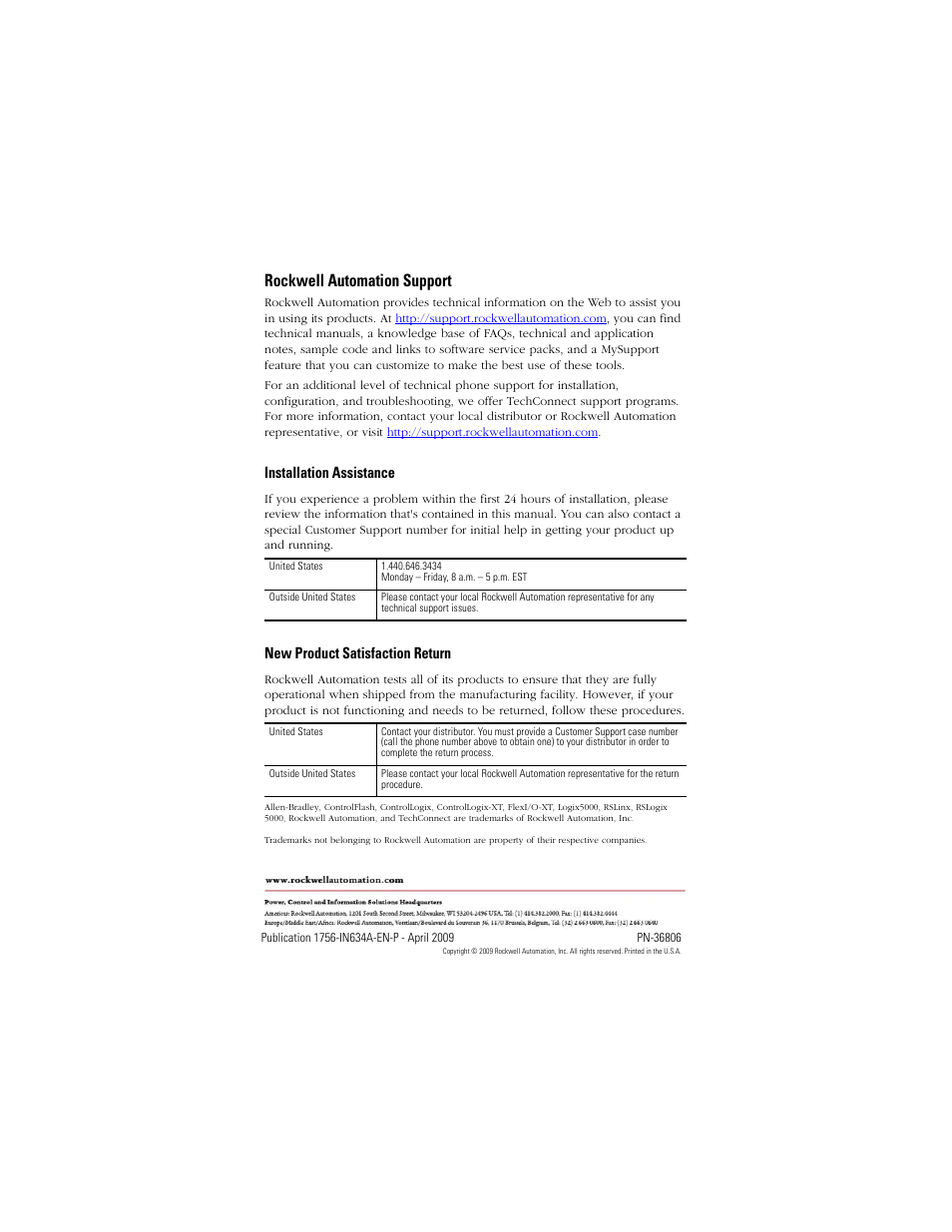 Back cover, Rockwell automation support, Installation assistance | New product satisfaction return | Rockwell Automation 1756-CN2RXT ControlLogix-XT ControlNet Interface Module, Series B Installation Instructions User Manual | Page 36 / 36