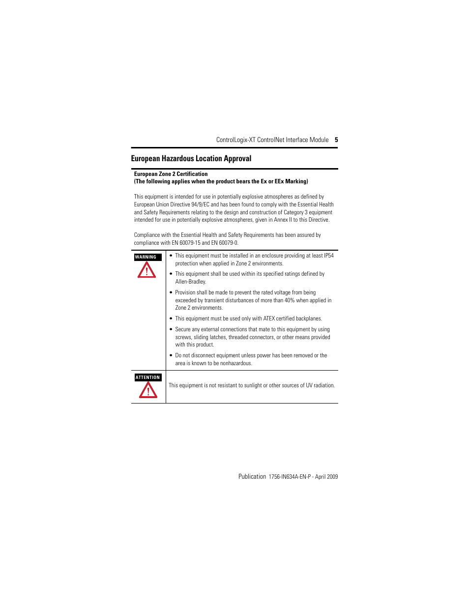 European hazardous location approval | Rockwell Automation 1756-CN2RXT ControlLogix-XT ControlNet Interface Module, Series B Installation Instructions User Manual | Page 5 / 36