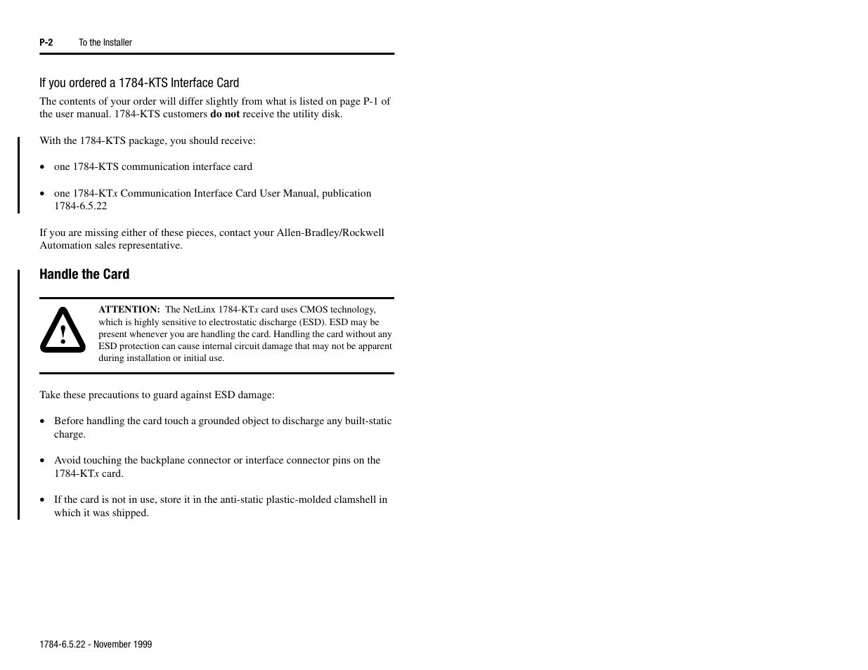 Handle the card | Rockwell Automation 1784-KTS_KTX_KTXD User Manual Communication Interface Card User Manual | Page 10 / 96