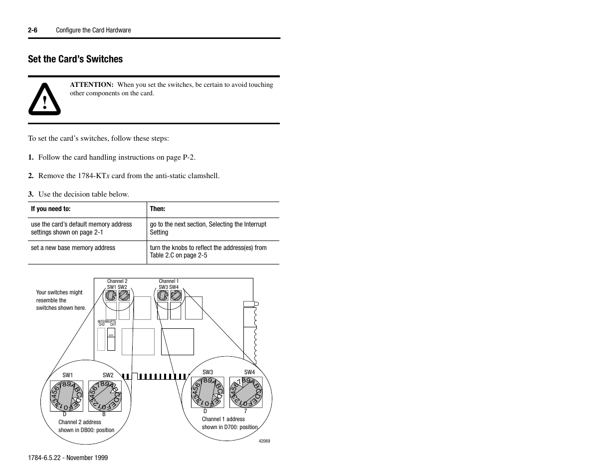 Set the card’s switches, Set the card’s switches -6 | Rockwell Automation 1784-KTS_KTX_KTXD User Manual Communication Interface Card User Manual | Page 22 / 96