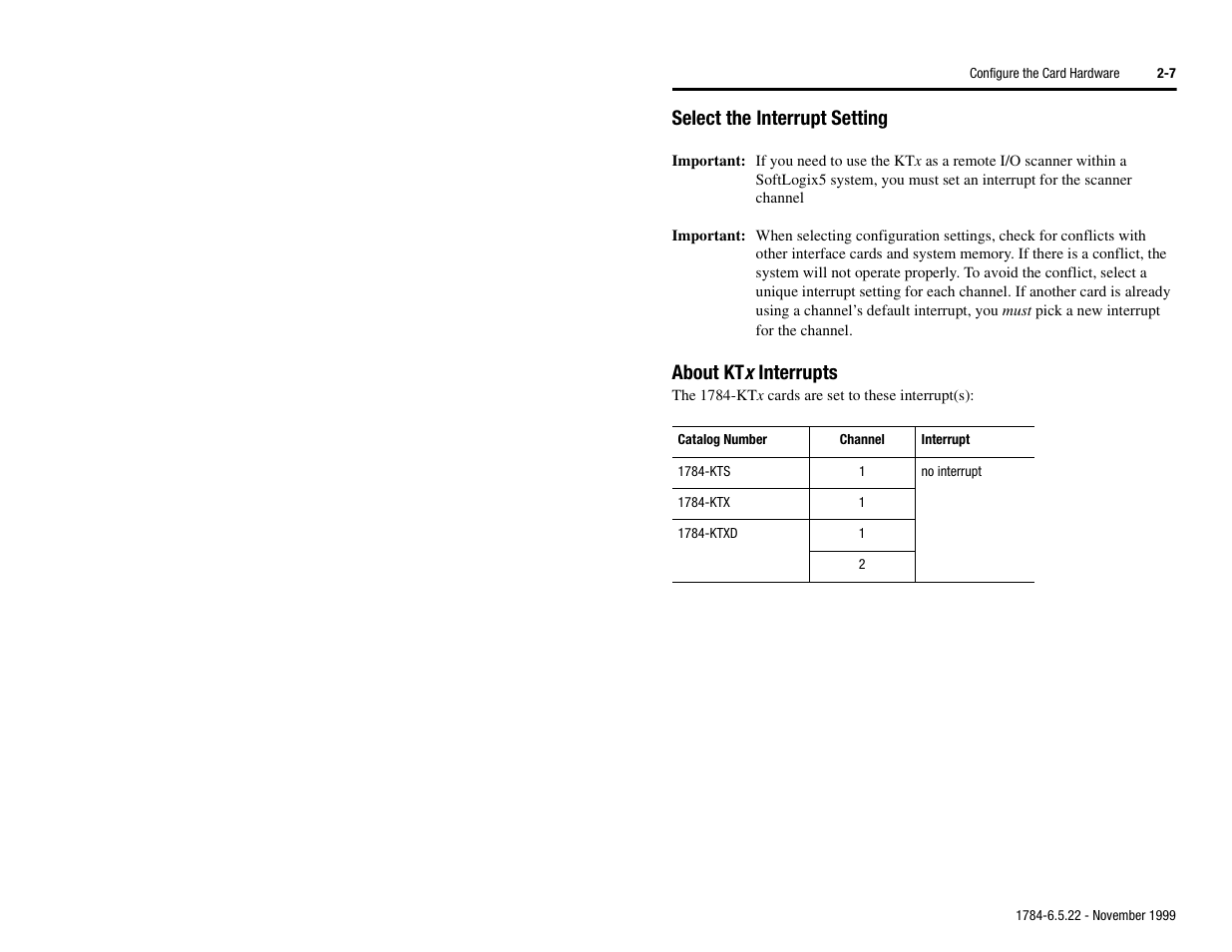 Select the interrupt setting, About ktx interrupts, About kt x interrupts | Rockwell Automation 1784-KTS_KTX_KTXD User Manual Communication Interface Card User Manual | Page 23 / 96