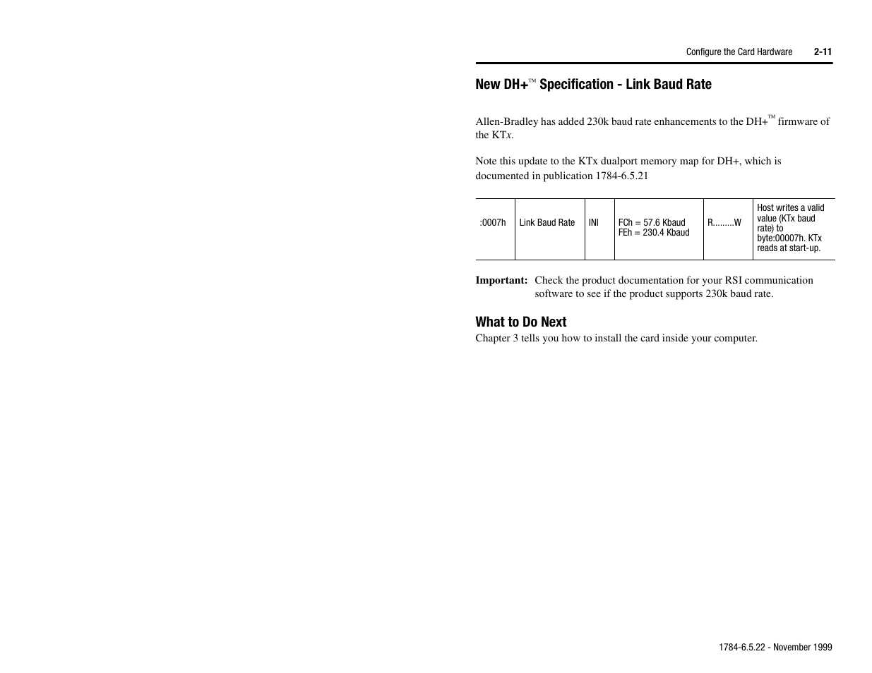 New dh+ specification - link baud rate, What to do next, New dh | Specification - link baud rate | Rockwell Automation 1784-KTS_KTX_KTXD User Manual Communication Interface Card User Manual | Page 27 / 96