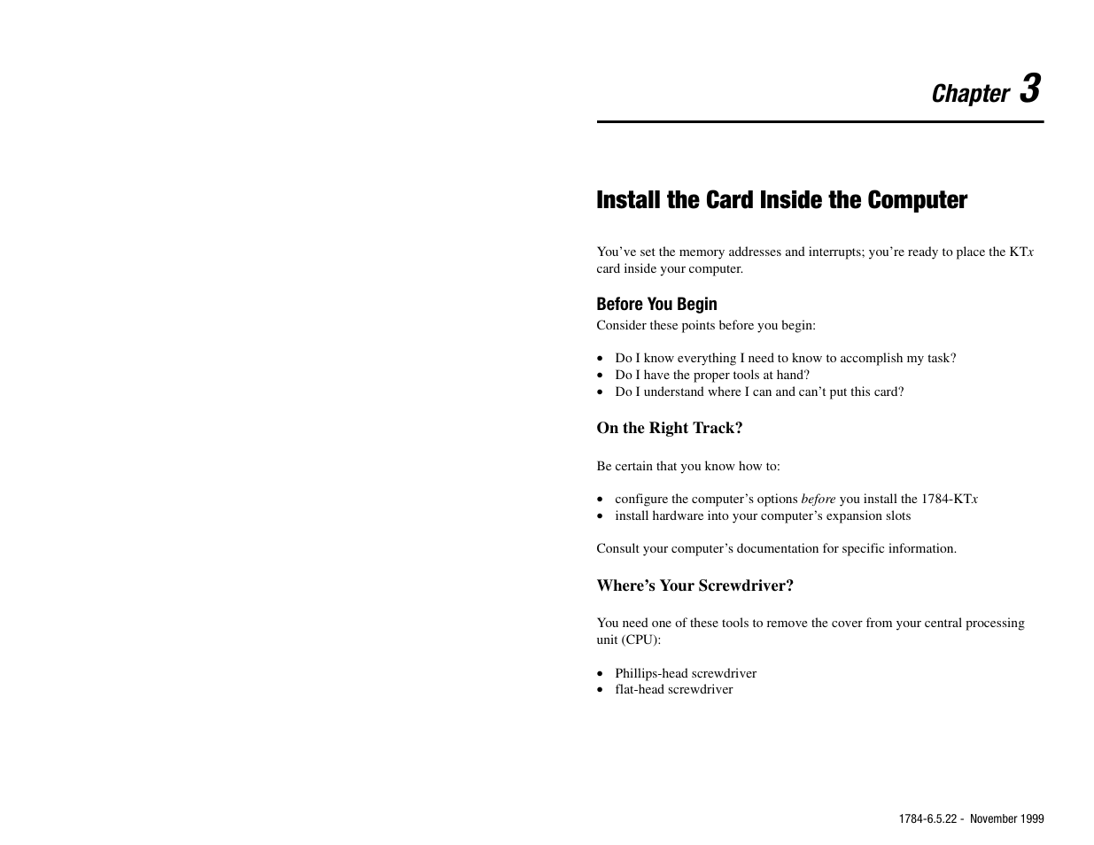3 - install the card inside the computer, Before you begin, Chapter 3 install the card inside the computer | Before you begin -1, Chapter, Install the card inside the computer | Rockwell Automation 1784-KTS_KTX_KTXD User Manual Communication Interface Card User Manual | Page 29 / 96