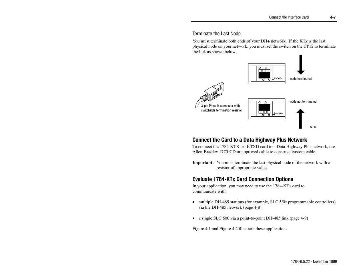 Connect the card to a data highway plus network, Evaluate 1784-ktx card connection options, Terminate the last node -7 | Rockwell Automation 1784-KTS_KTX_KTXD User Manual Communication Interface Card User Manual | Page 41 / 96