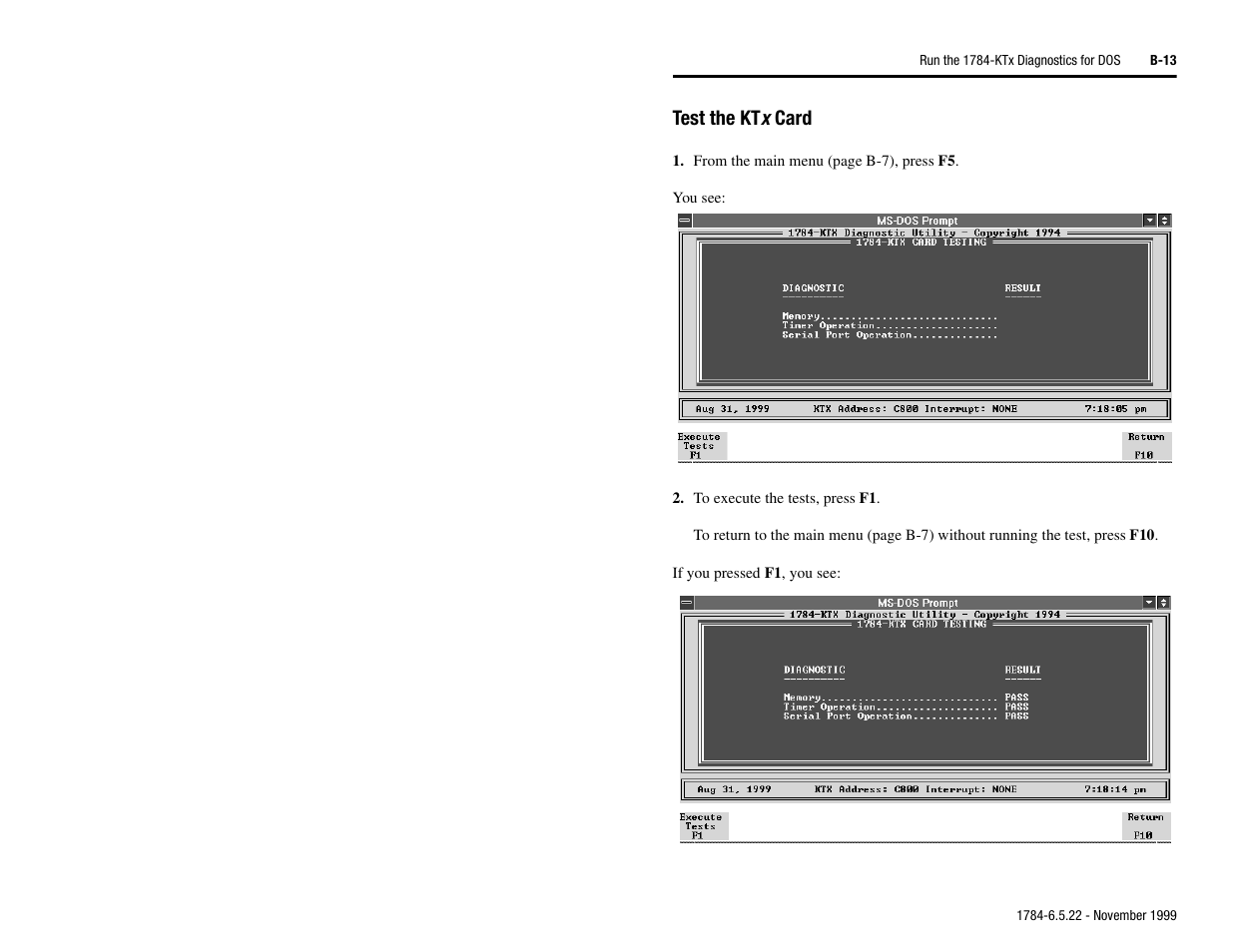 Test the ktx card, B-13, Test the kt x card | Rockwell Automation 1784-KTS_KTX_KTXD User Manual Communication Interface Card User Manual | Page 77 / 96