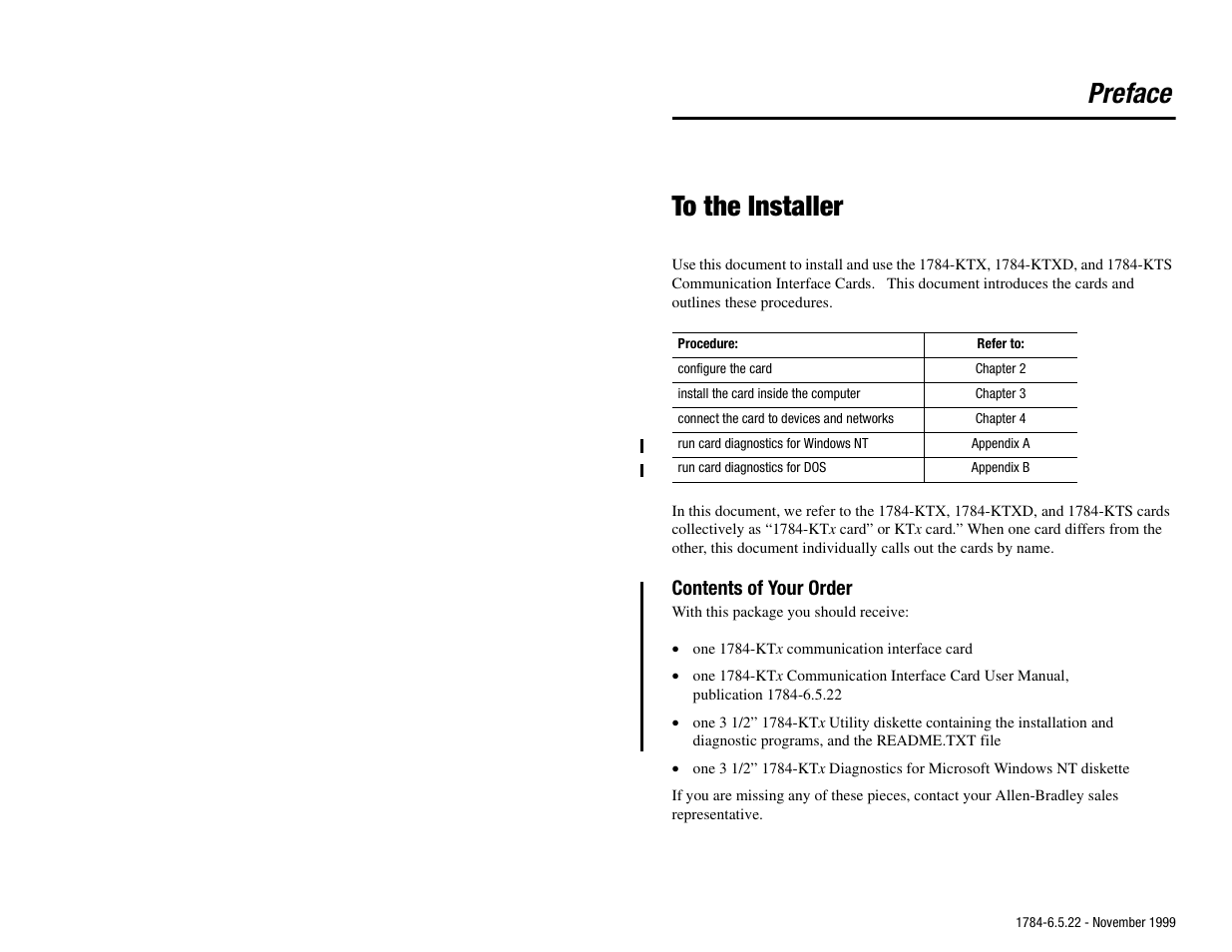 Preface - to the installer, Contents of your order, Preface | Rockwell Automation 1784-KTS_KTX_KTXD User Manual Communication Interface Card User Manual | Page 9 / 96