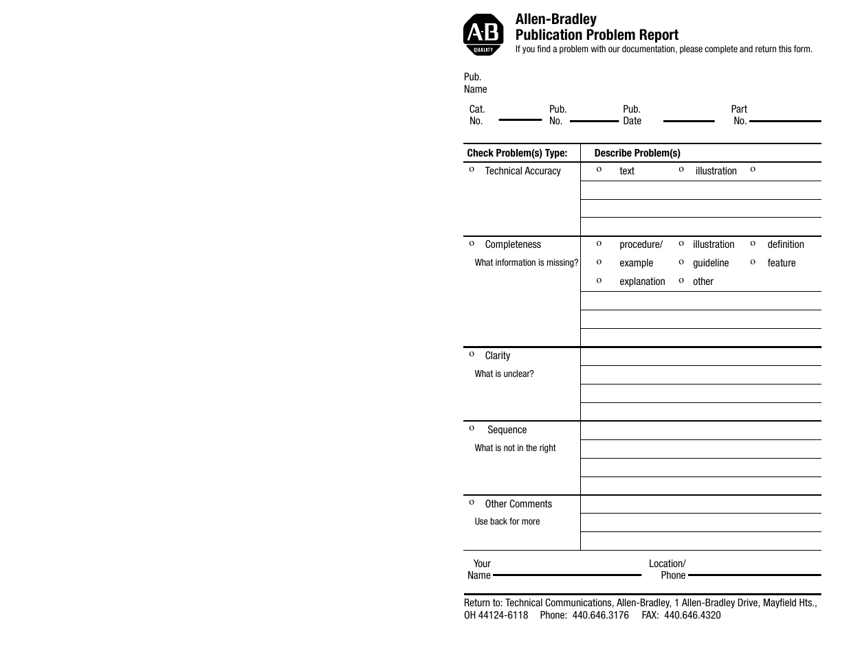 Allen- bradley publication problem report, Allen-bradley publication problem report | Rockwell Automation 1784-KTS_KTX_KTXD User Manual Communication Interface Card User Manual | Page 93 / 96