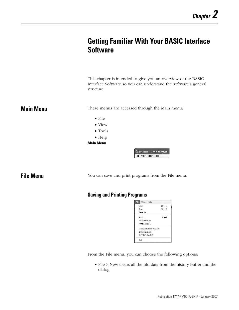 Main menu, File menu, Chapter 2 | Main menu file menu, Saving and printing programs | Rockwell Automation 1747-WINBAS Software Programming Manual User Manual | Page 11 / 40